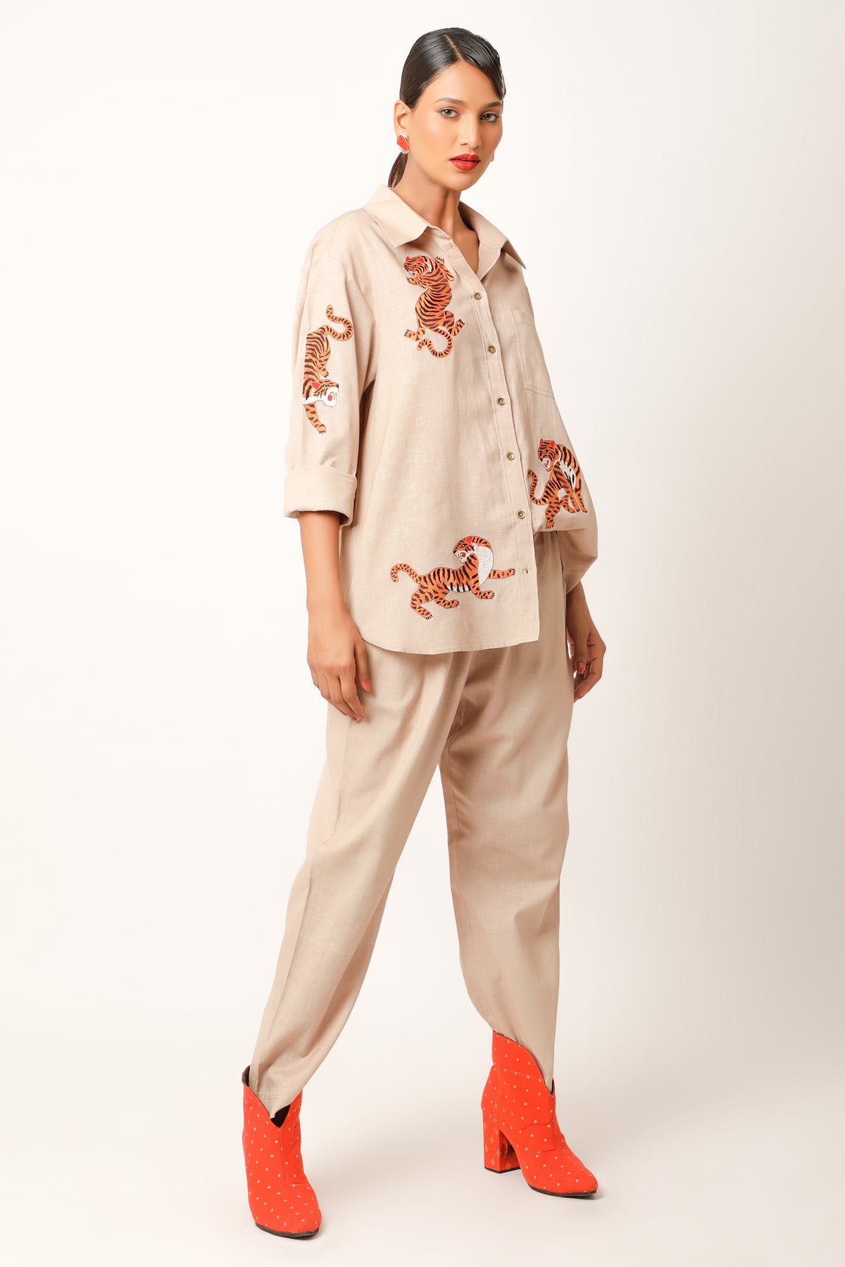 Tiger Embroidered Beige Co-ord Set