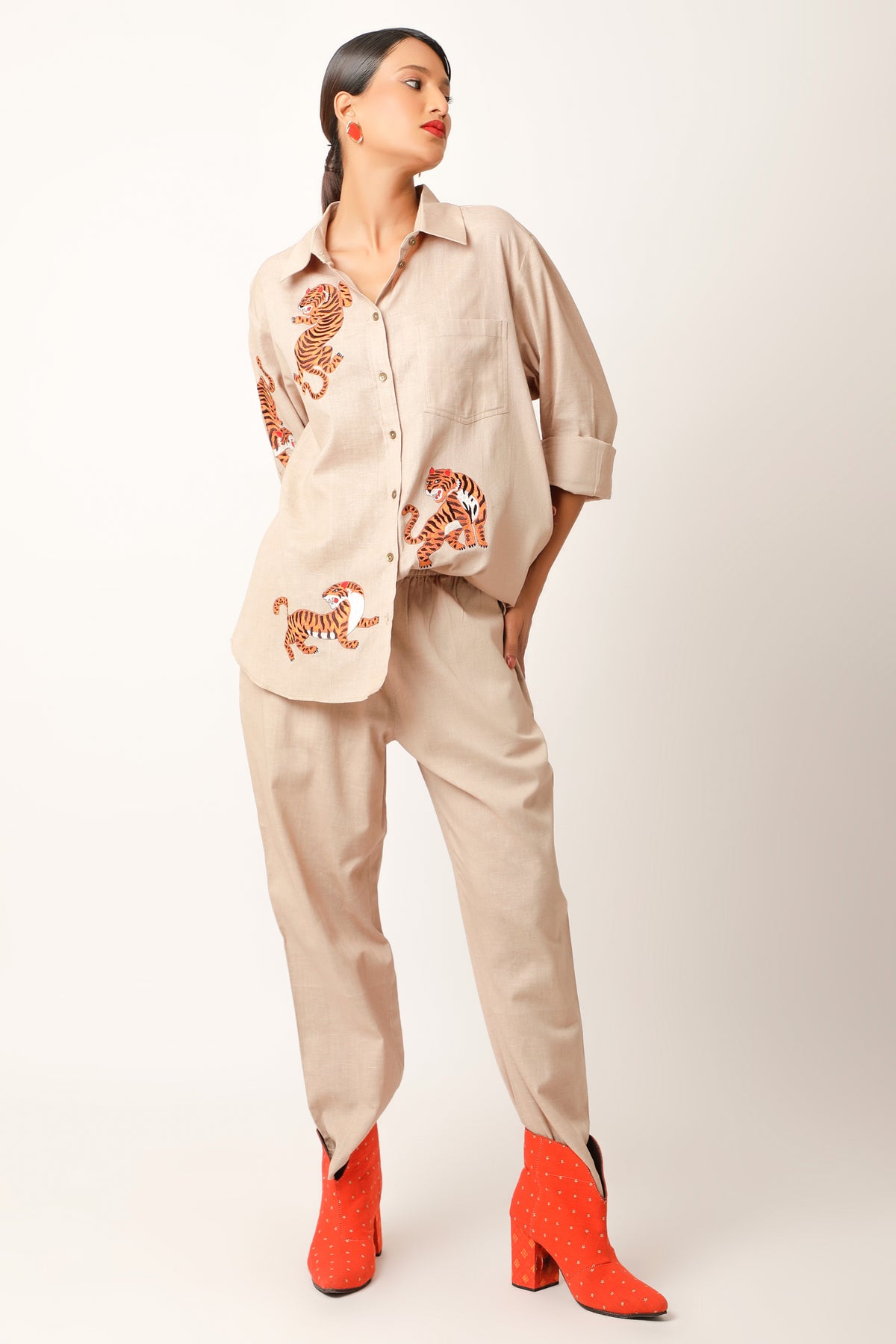 Tiger Embroidered Beige Co-ord Set