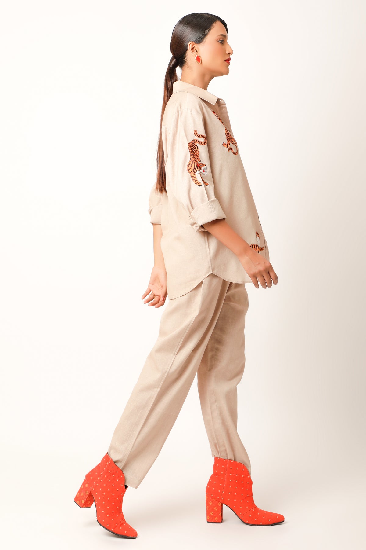 Tiger Embroidered Beige Co-ord Set