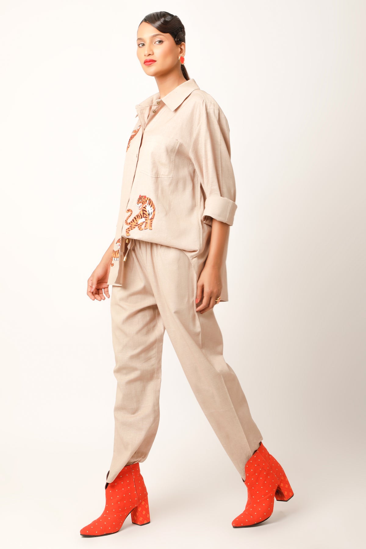 Tiger Embroidered Beige Co-ord Set
