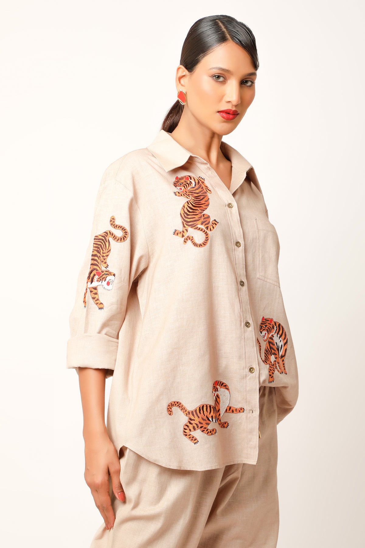 Tiger Embroidered Beige Co-ord Set