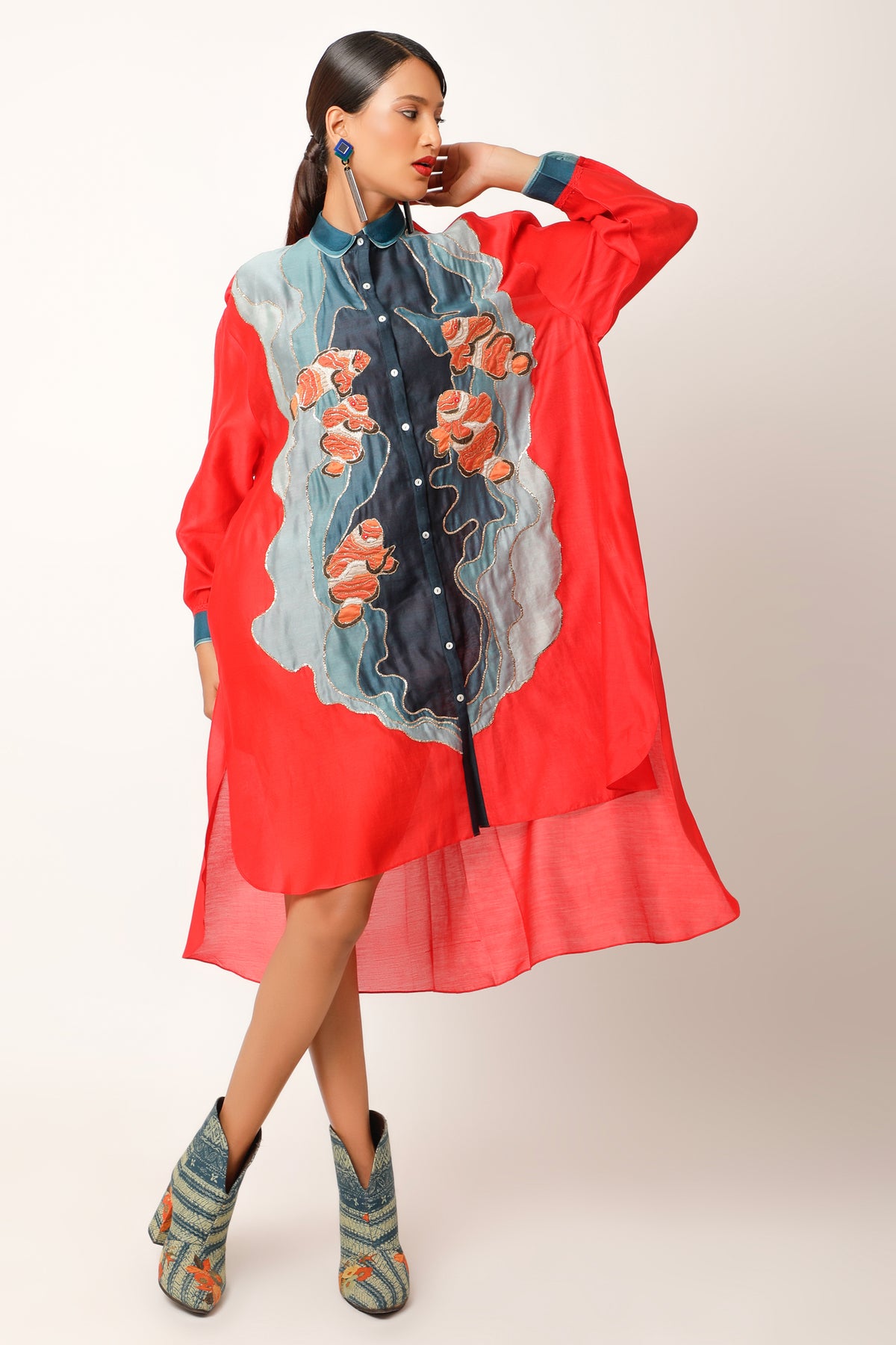 Fish Red Embroidery Co-ord Set