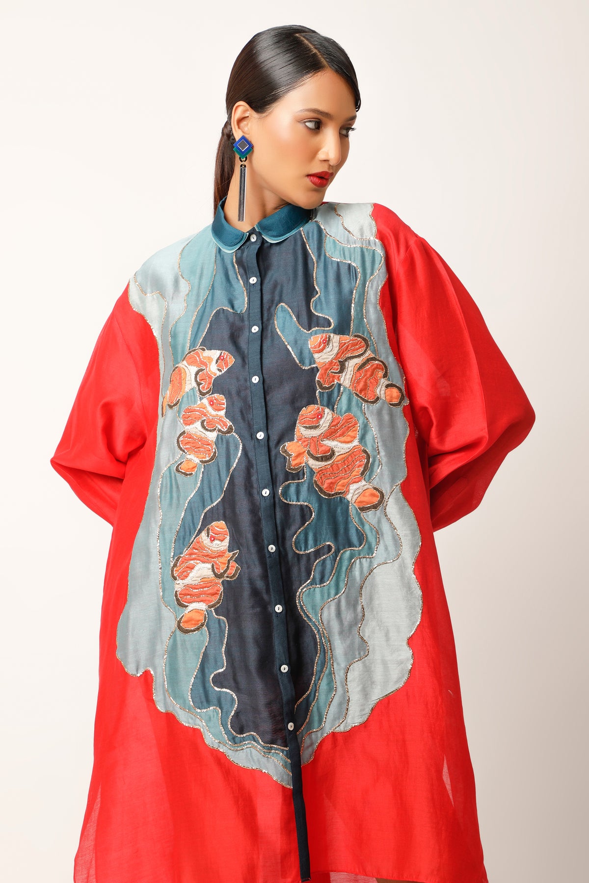 Fish Red Embroidery Co-ord Set