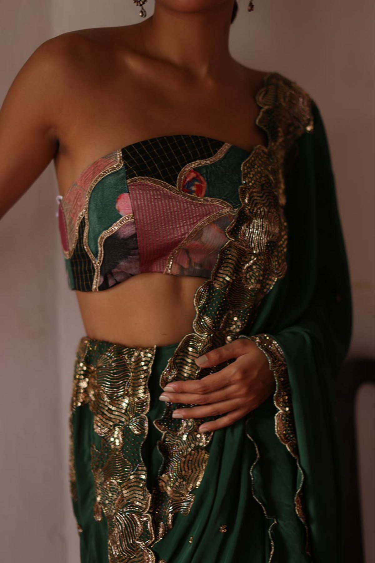 Verdant Saree With Patchwork Blouse