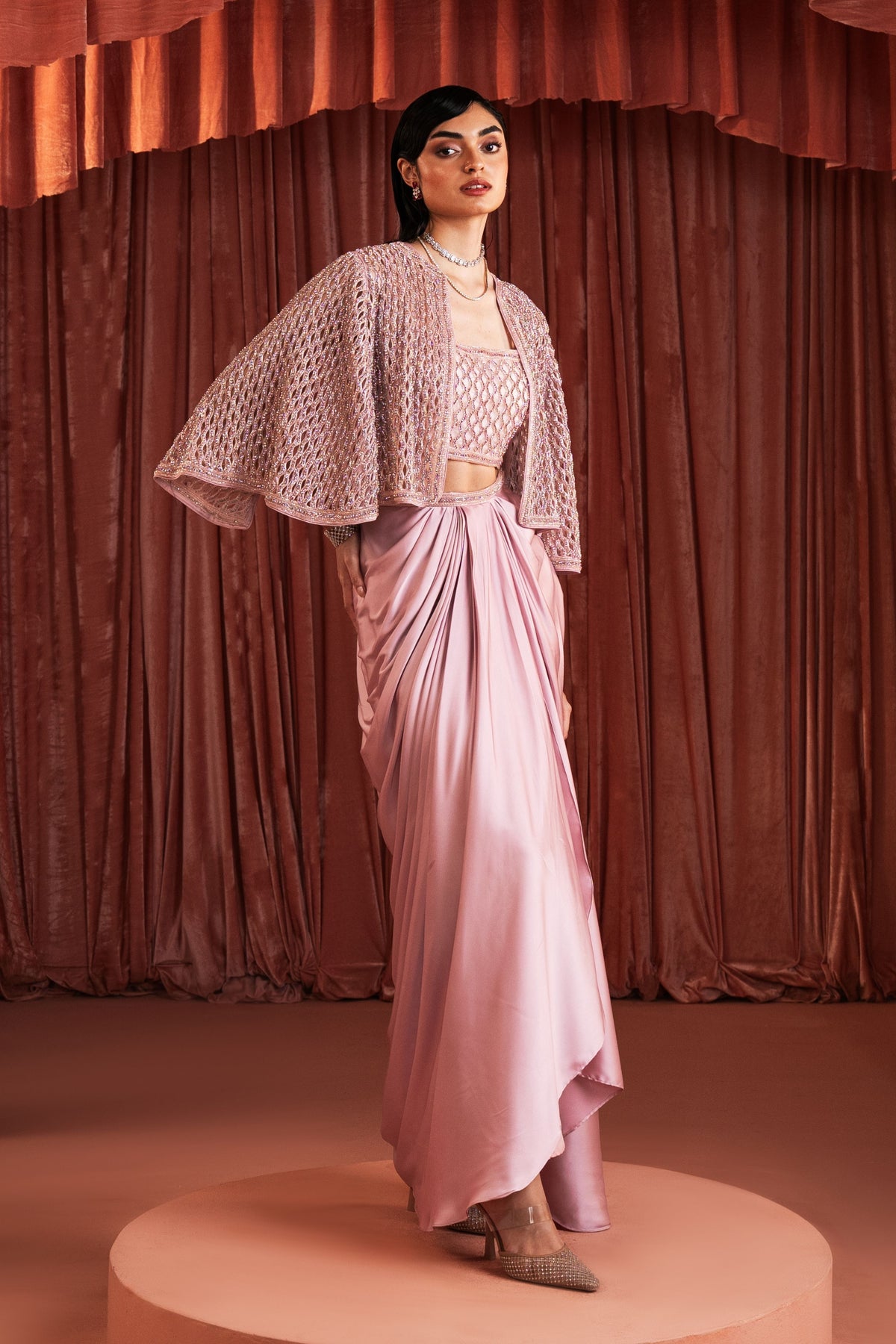 Pink Embroidered Cape Set