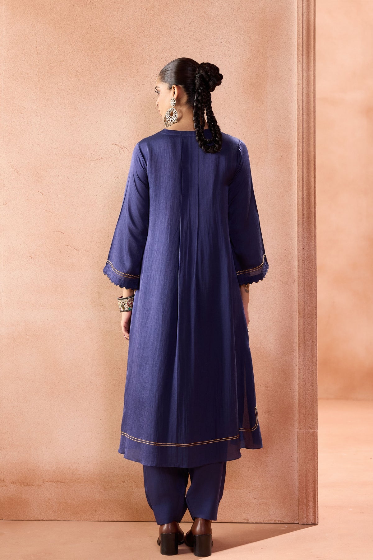 Navy Box Pleated Pants Kurta Set
