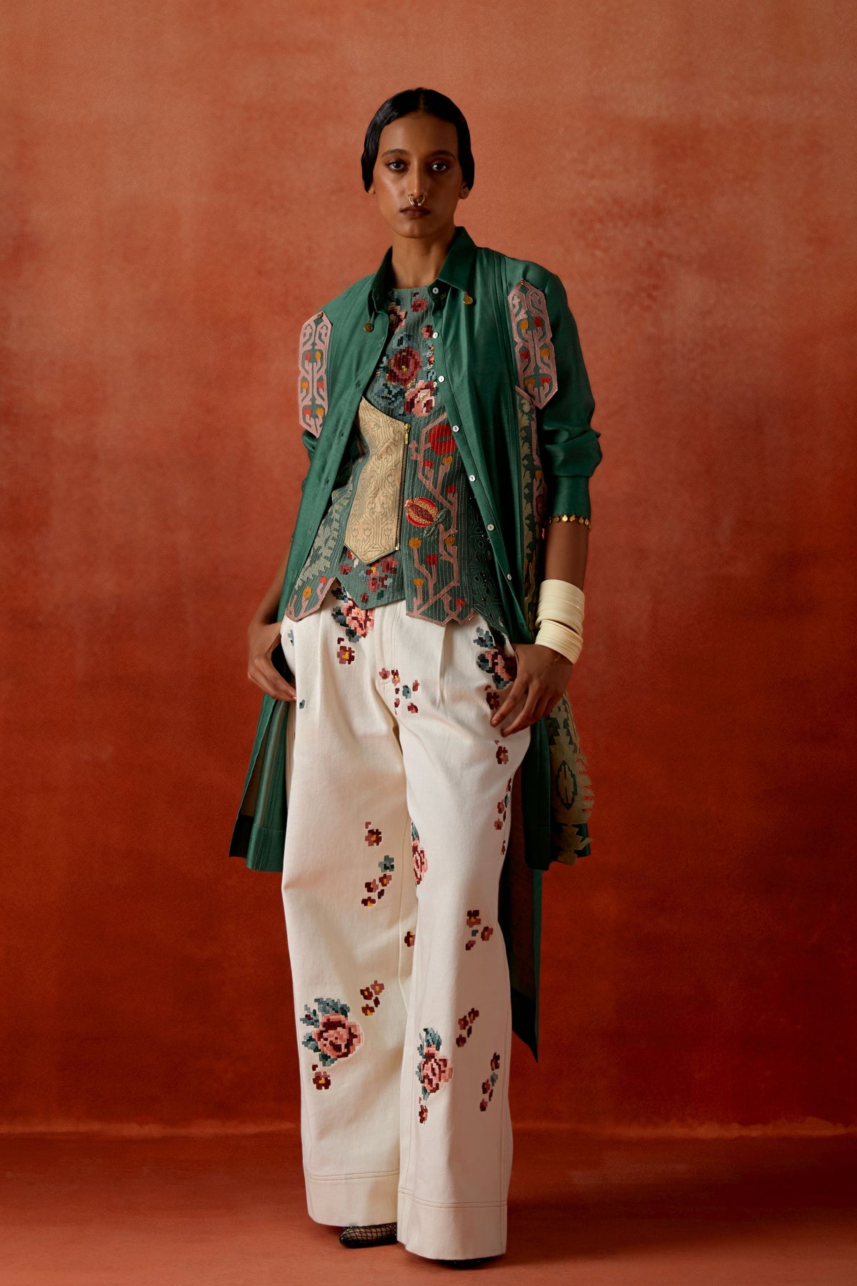 Teal Embroidered Jacket Set