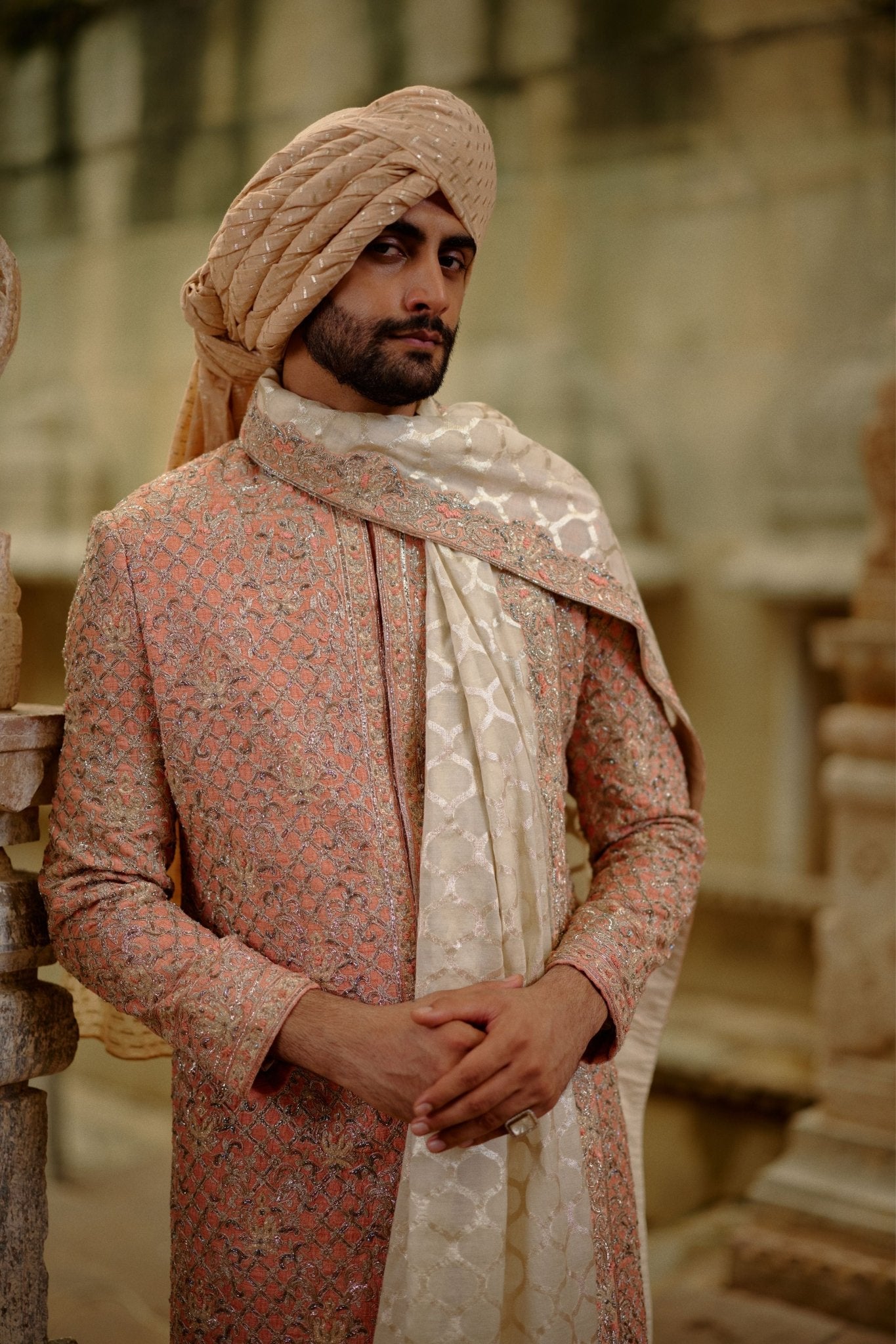 Pink Salmon Sherwani Set - Nitika Gujral Menswear - Elahe