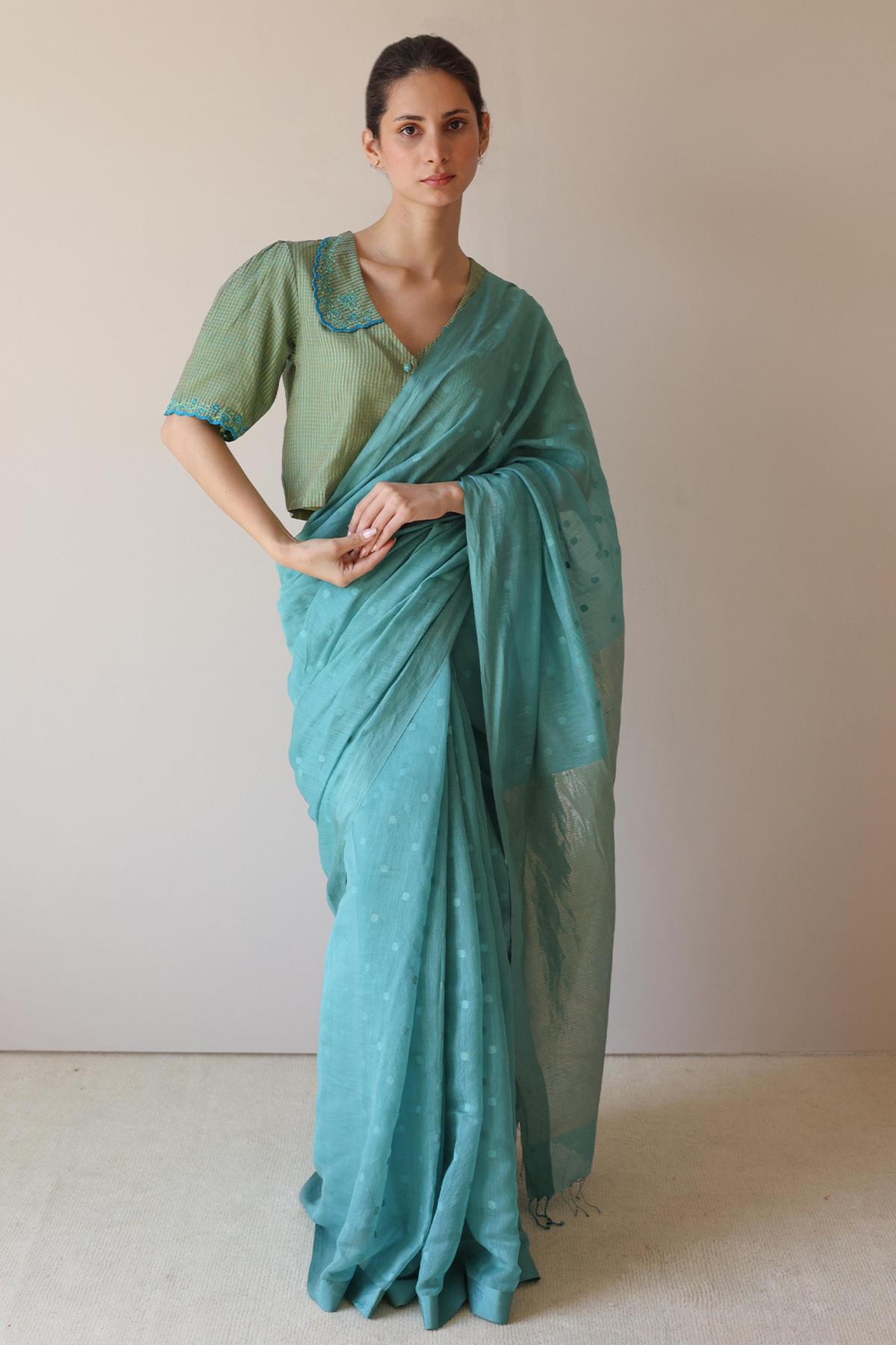 Teal Wildflower Meadow Jamdani Saree