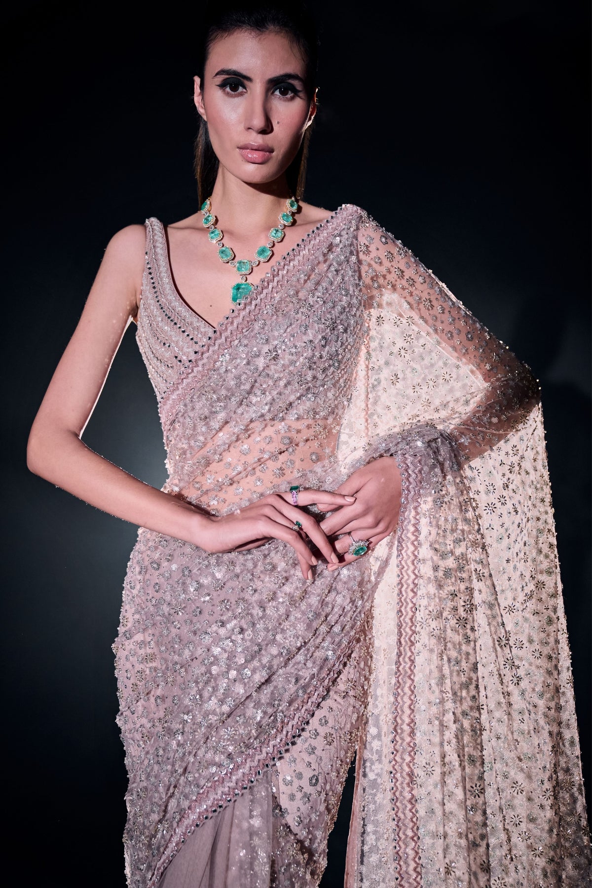 Blush Pink Sequins Dcutdana Saree