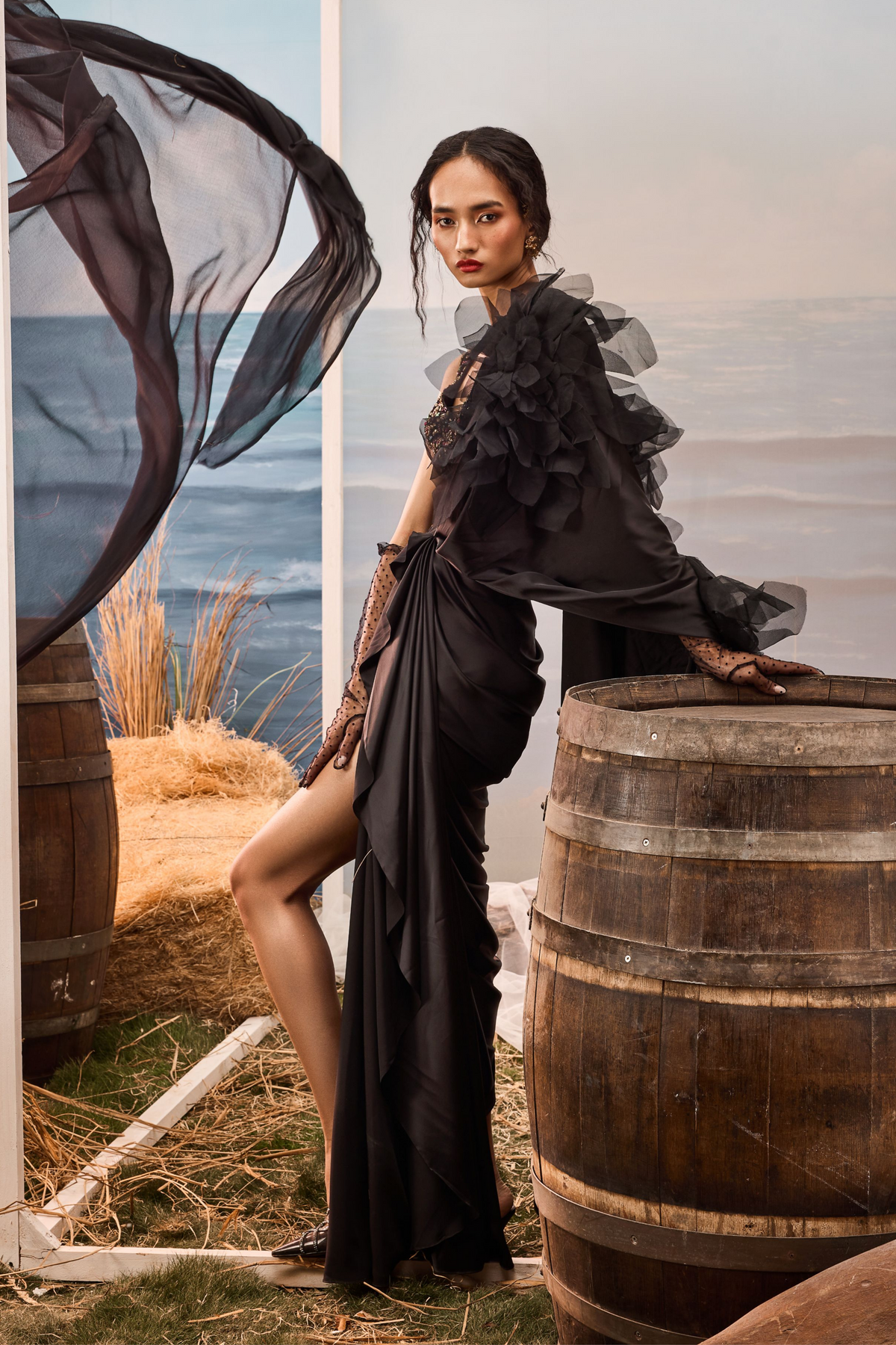 Black Satin Drape Sari Set