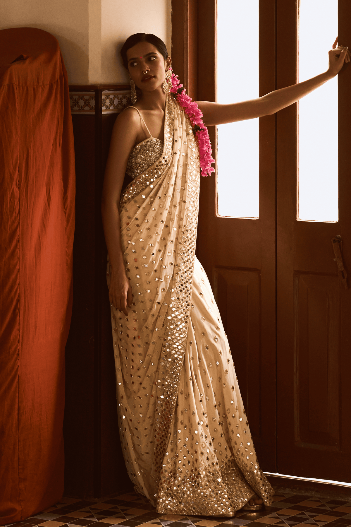Beige Sequin Lehenga Saree With Blouse