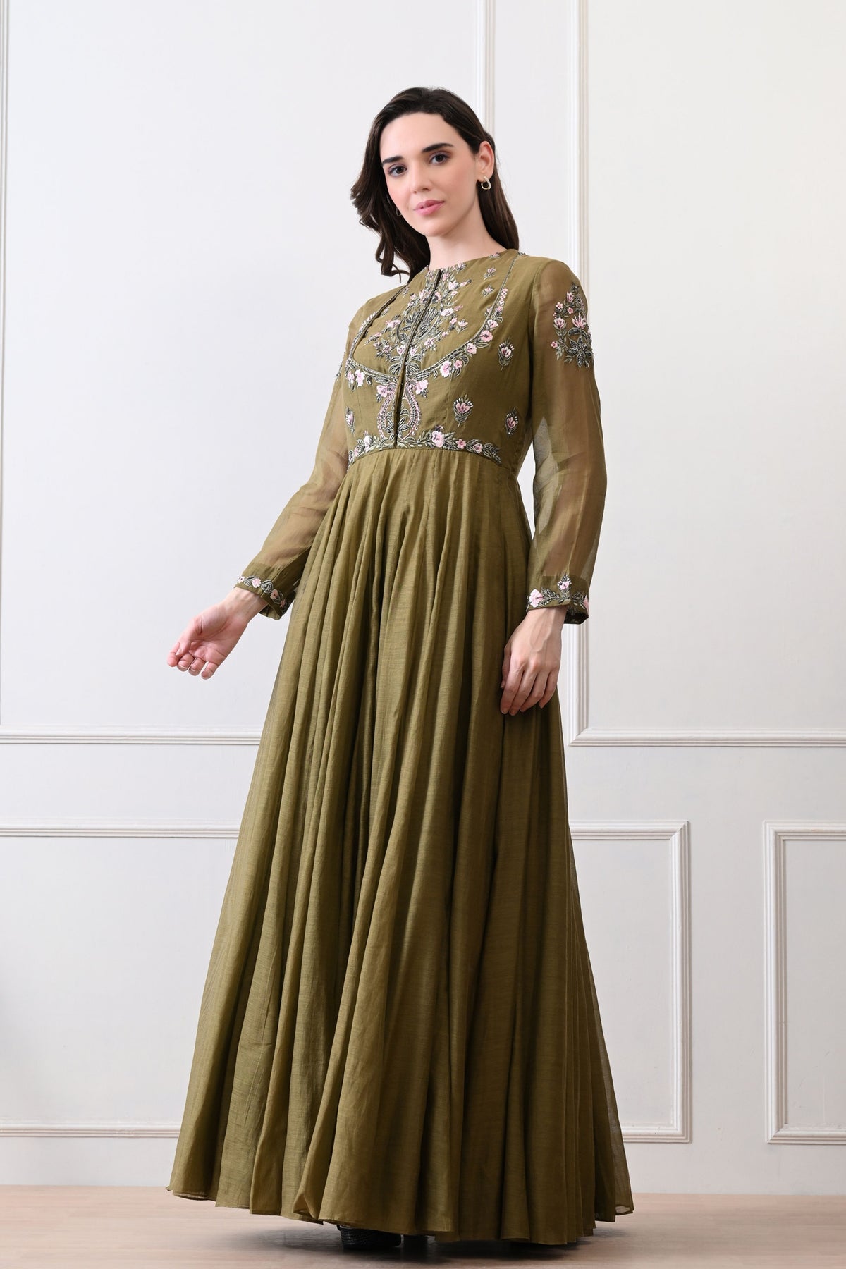 Olive Floral Embroidered Anarkali