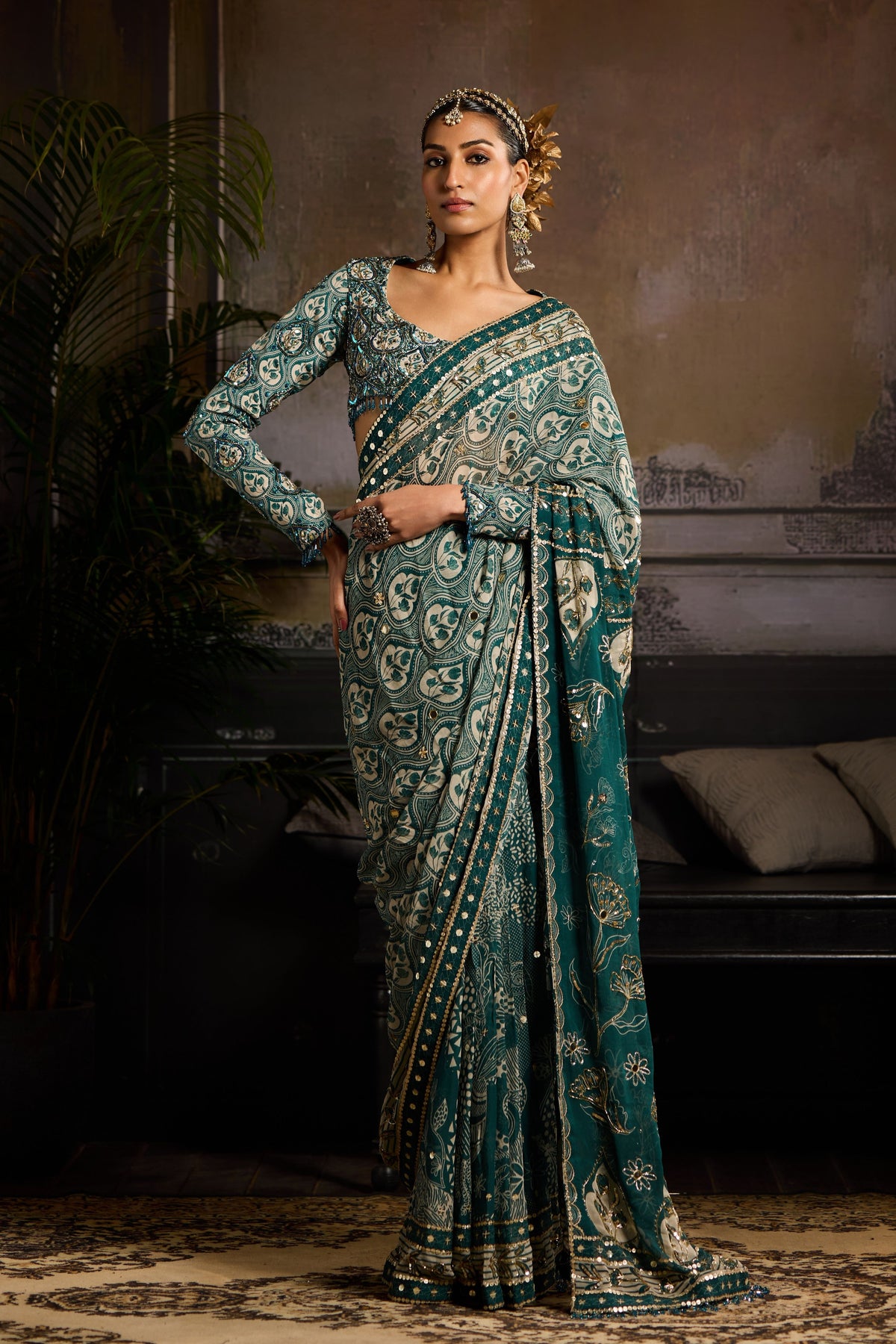Teal Print Pre-stitched Saree