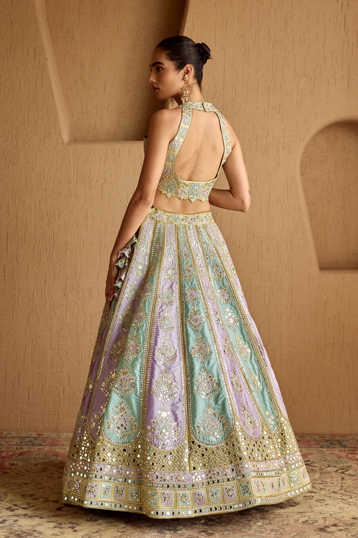 Lime Green Patch Tissue Lehenga Set