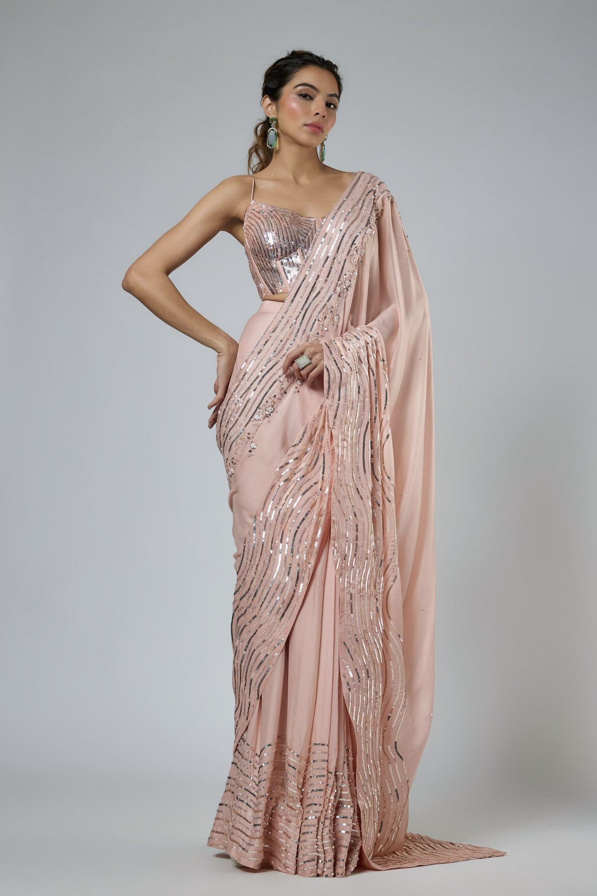 Dark Peach Draped Saree Set