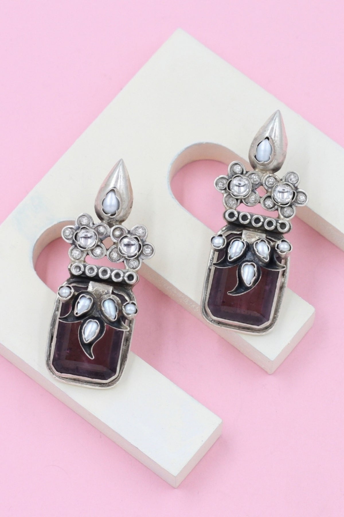 Reddish Pink Silver Earrings