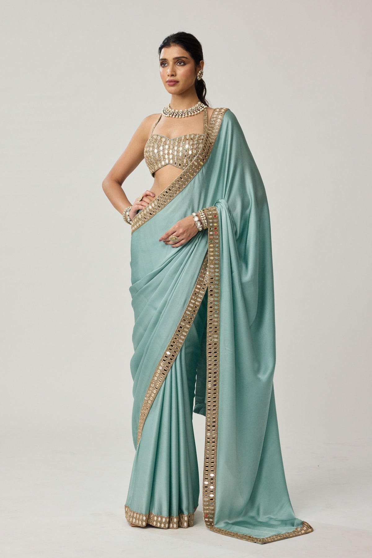 Powder Blue Mirror Saree Set