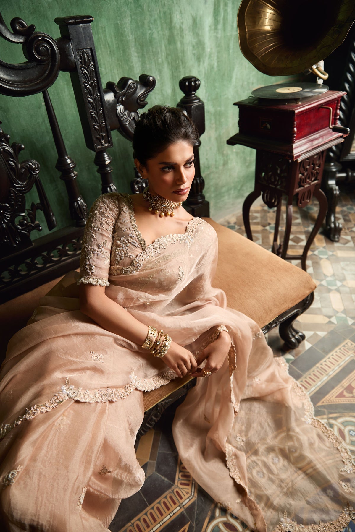 Peach Tissue Saree Set