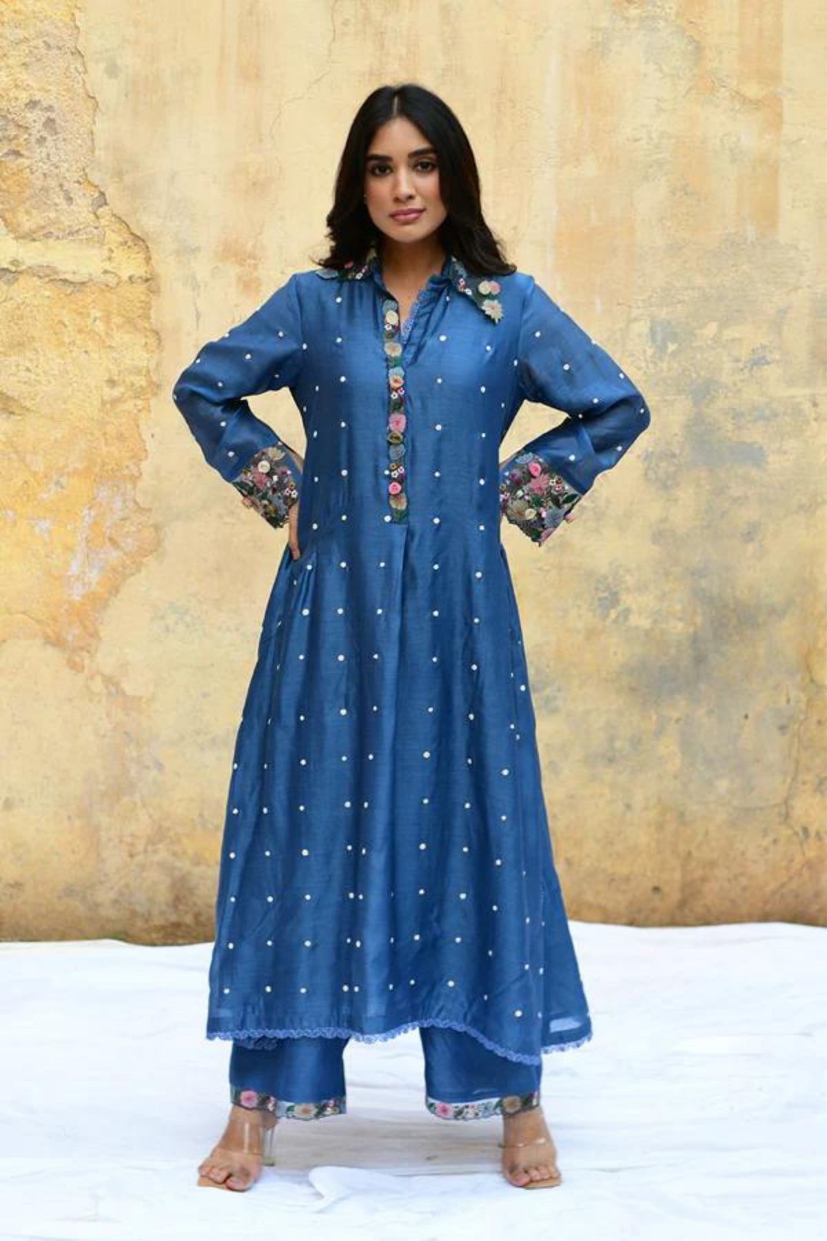 Blue Orchid Collar Style Kurta Set