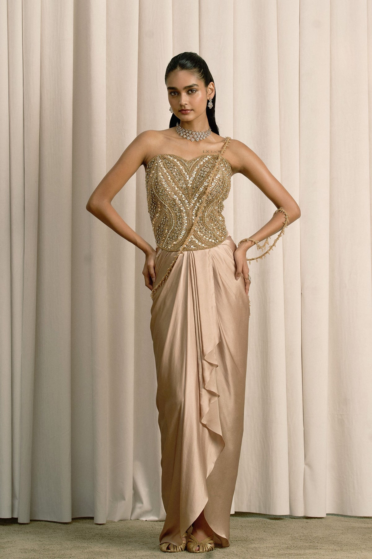 Beige Embellished Corset Skirt Set