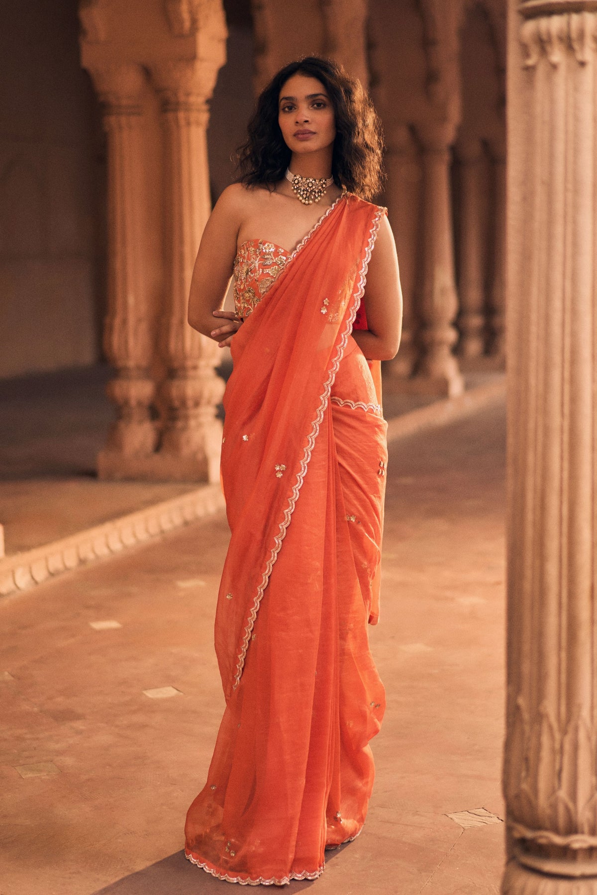 Embroidered Orange Pre-draped Saree Set