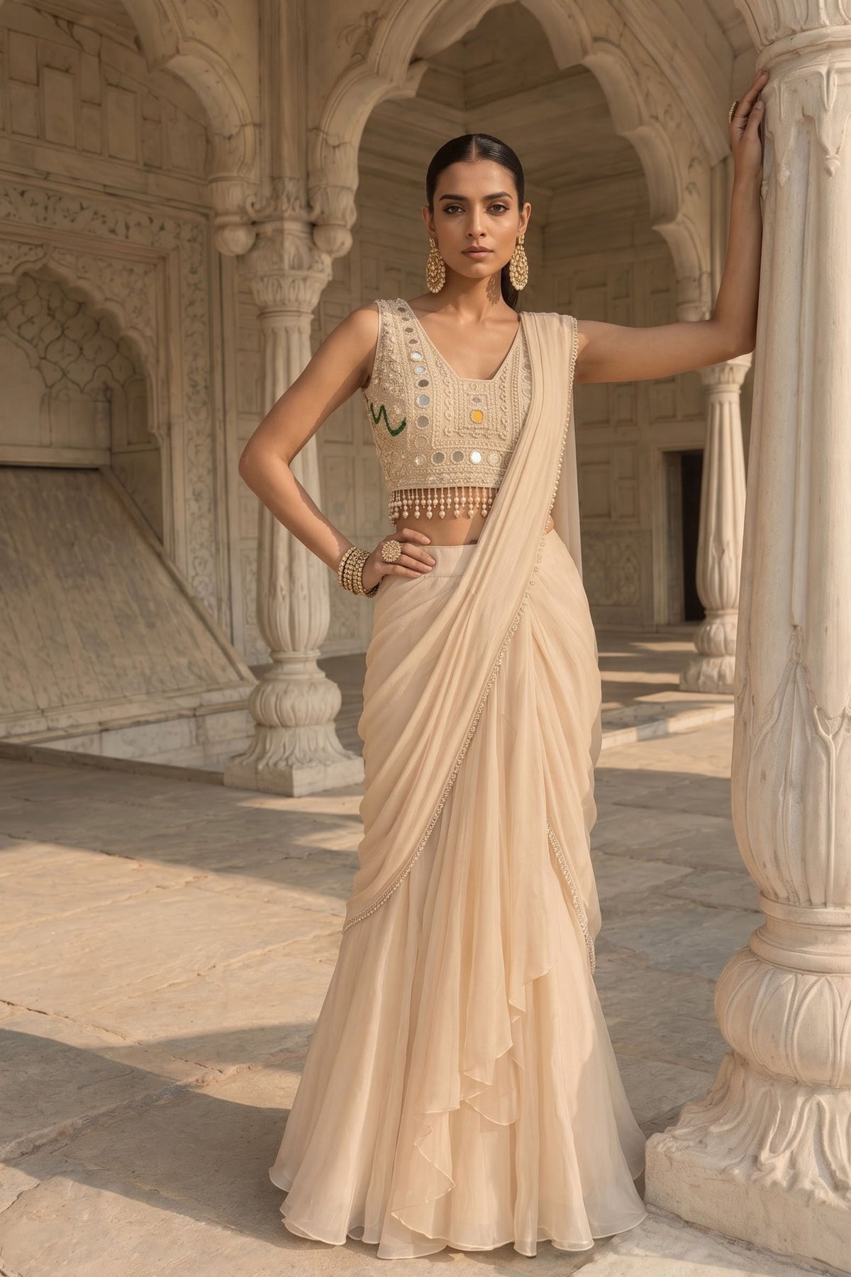 Zari Chaya Draped Saree Set