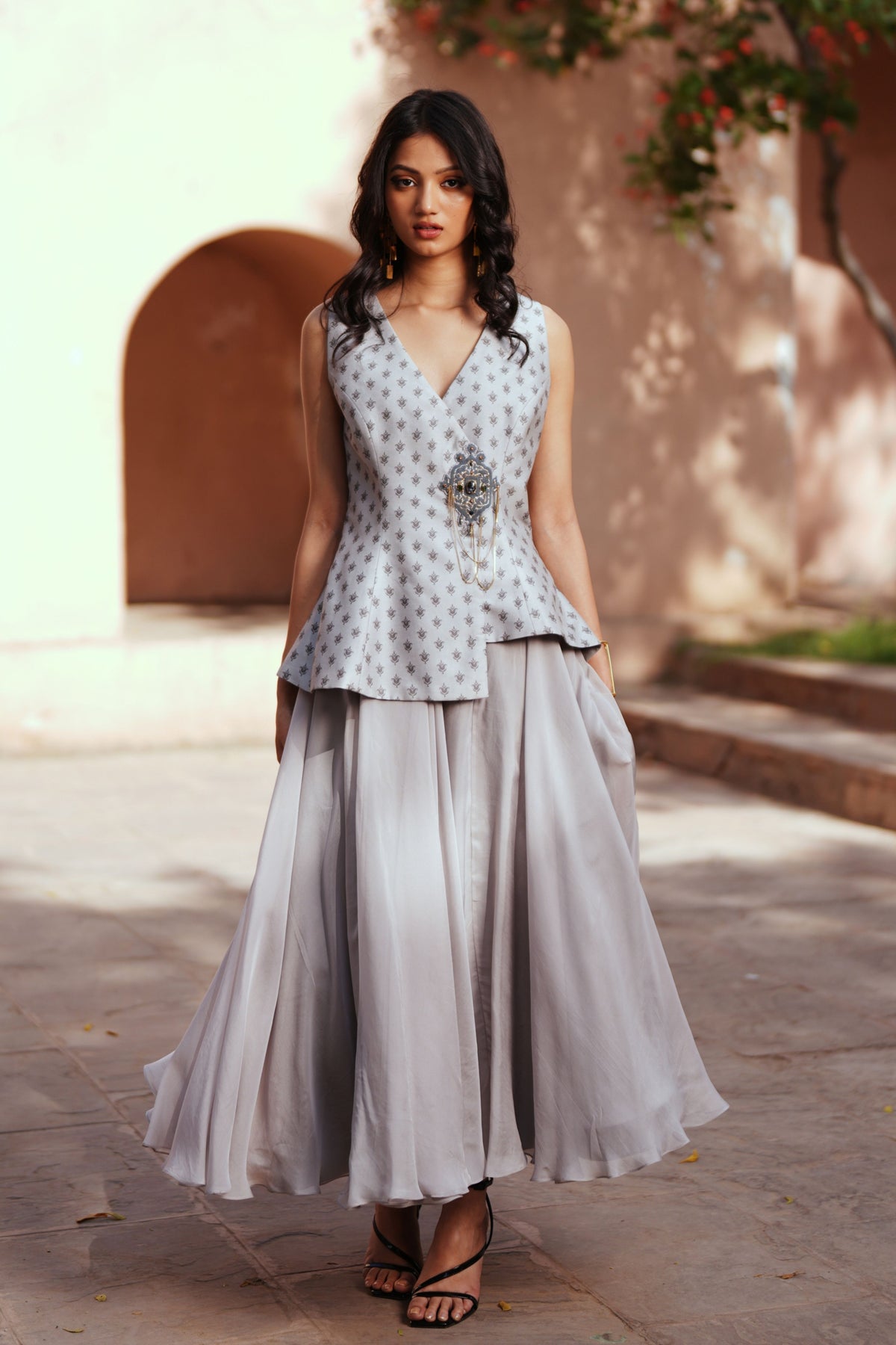 Grey Waist Coat And Skirt Set