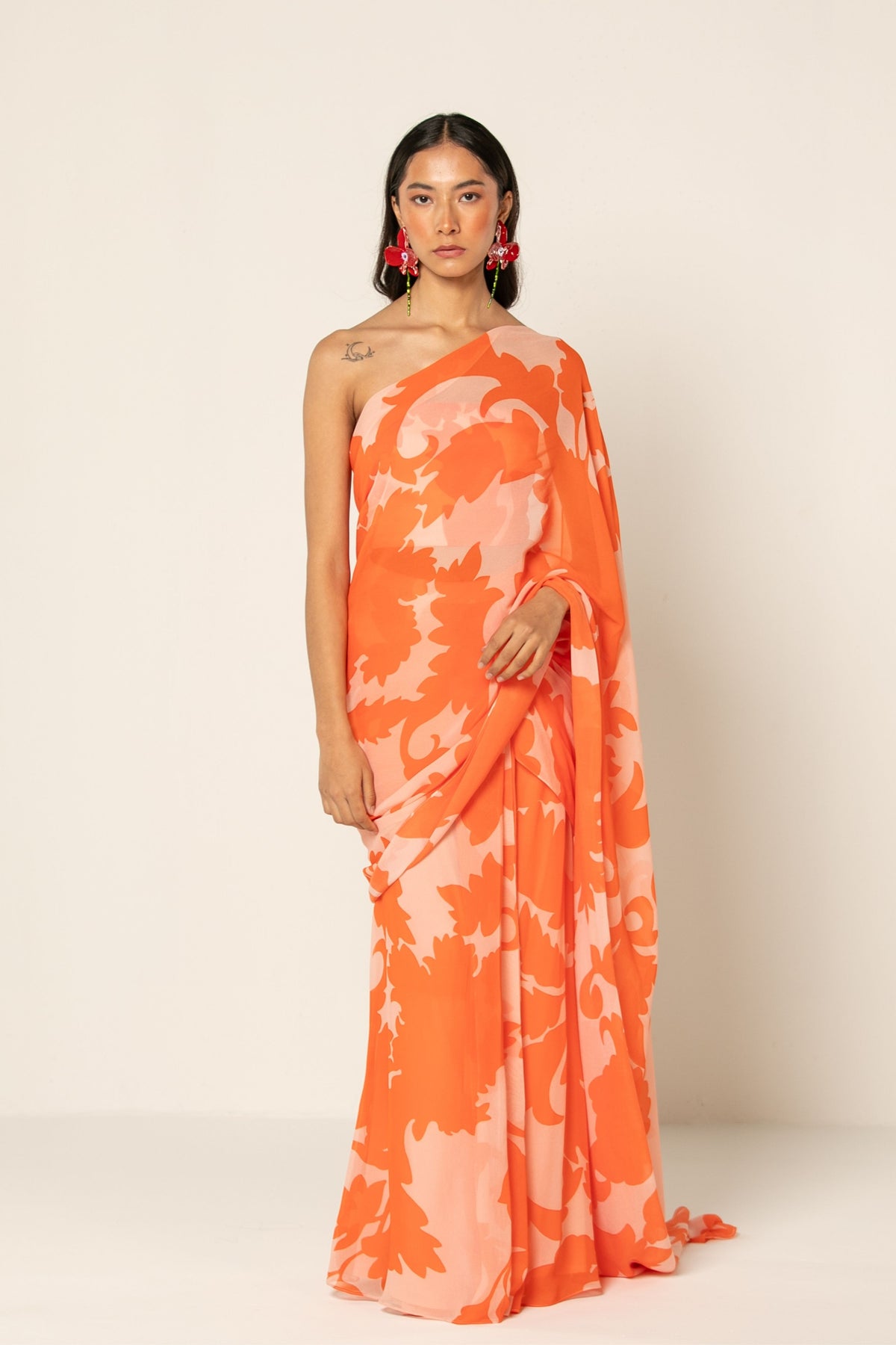 Neon Orange Pre Draped Saree Set