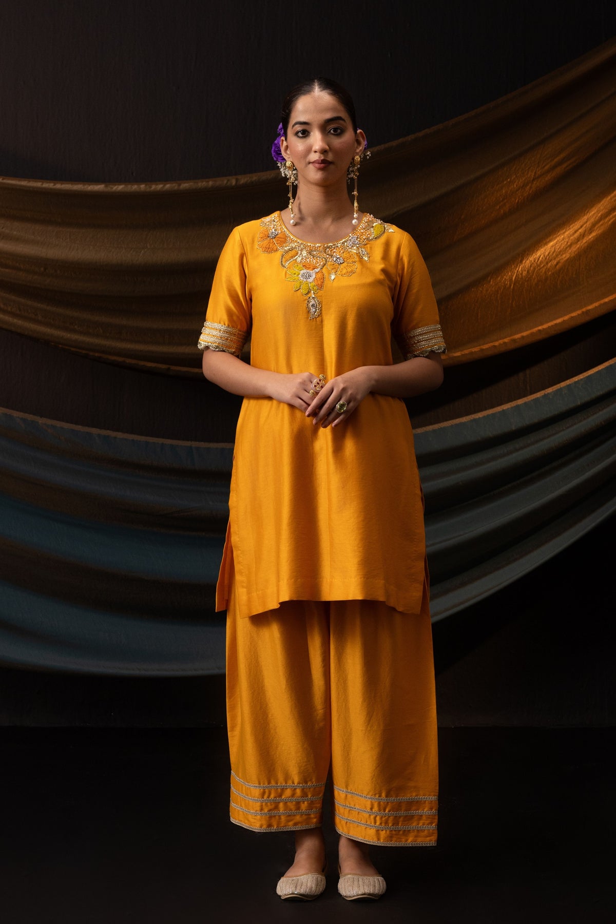 Orange  3D Motif Kurta Set