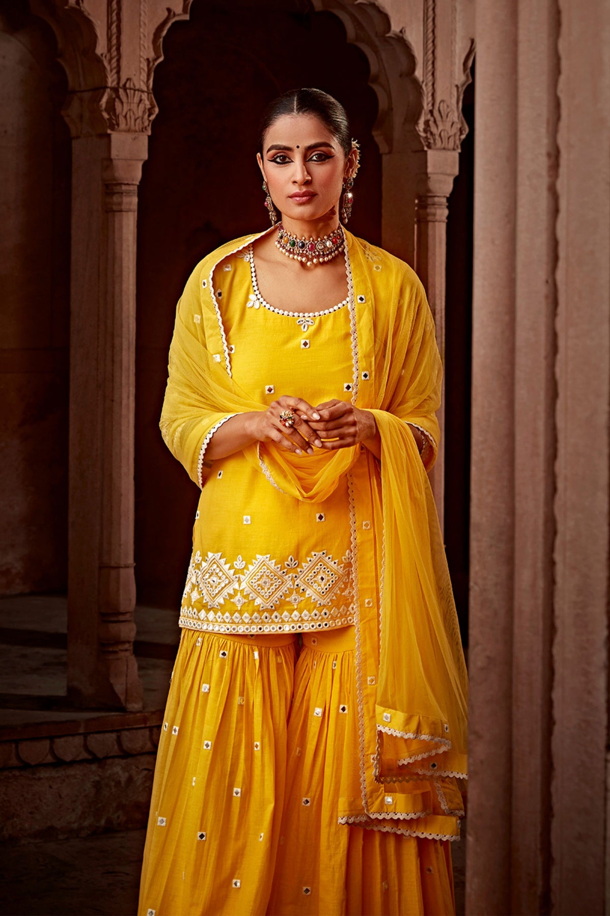Yellow Diamond Straight Sharara Set