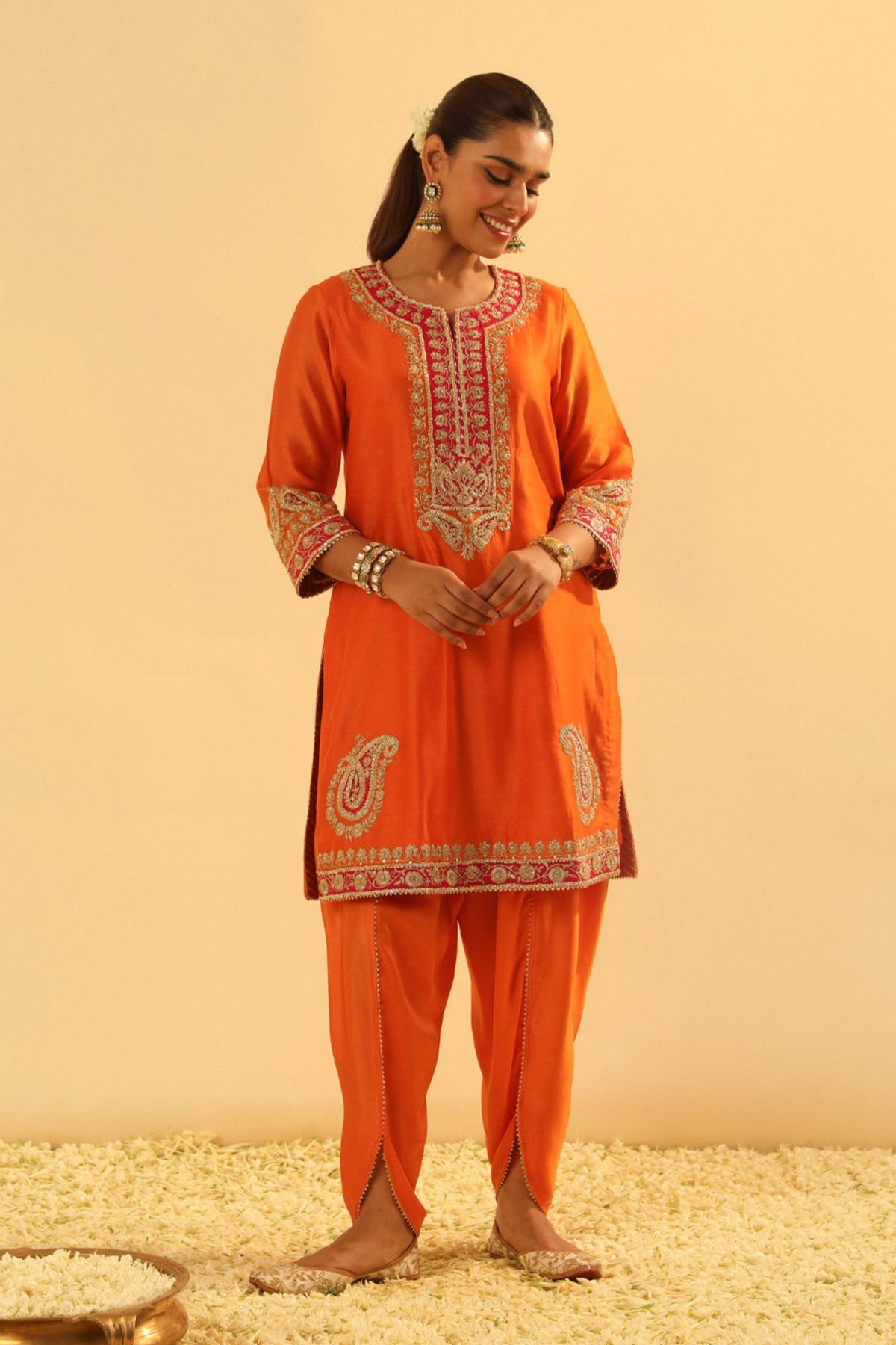 Anjum Short Orange Kurta With Dhoti