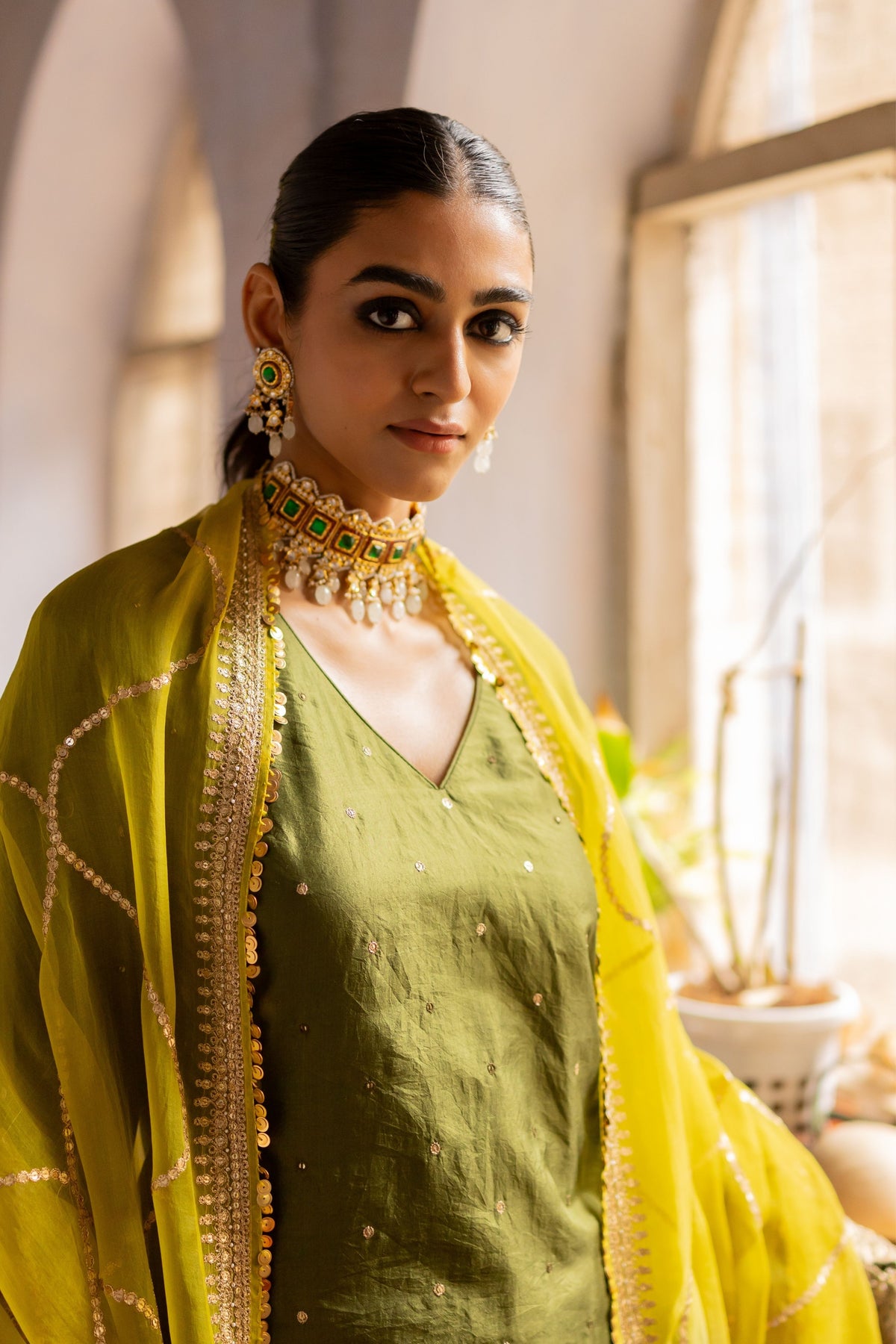 Lime olive Jaal Dupatta