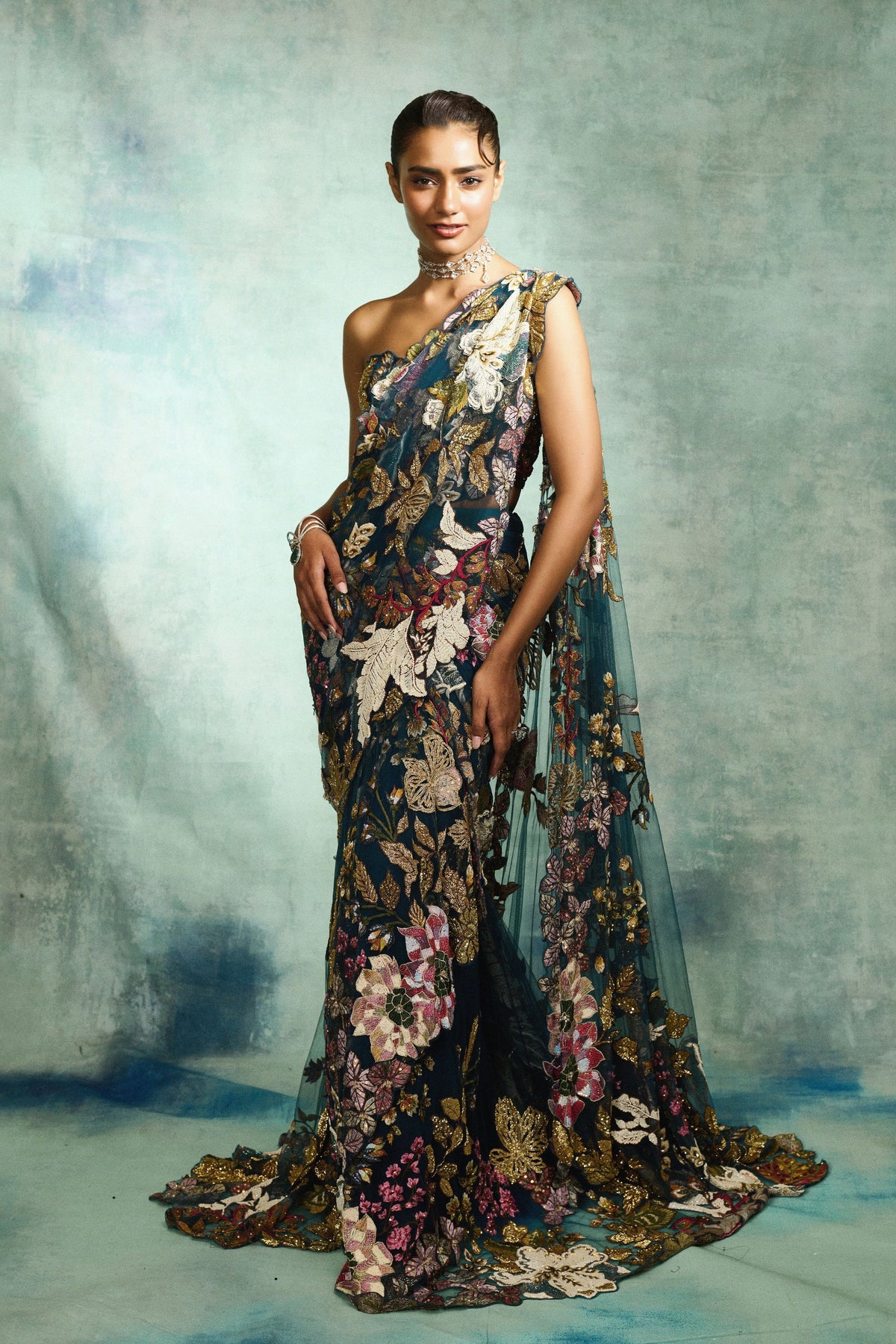 Ethereal Bloom Navy Blue Trail Saree
