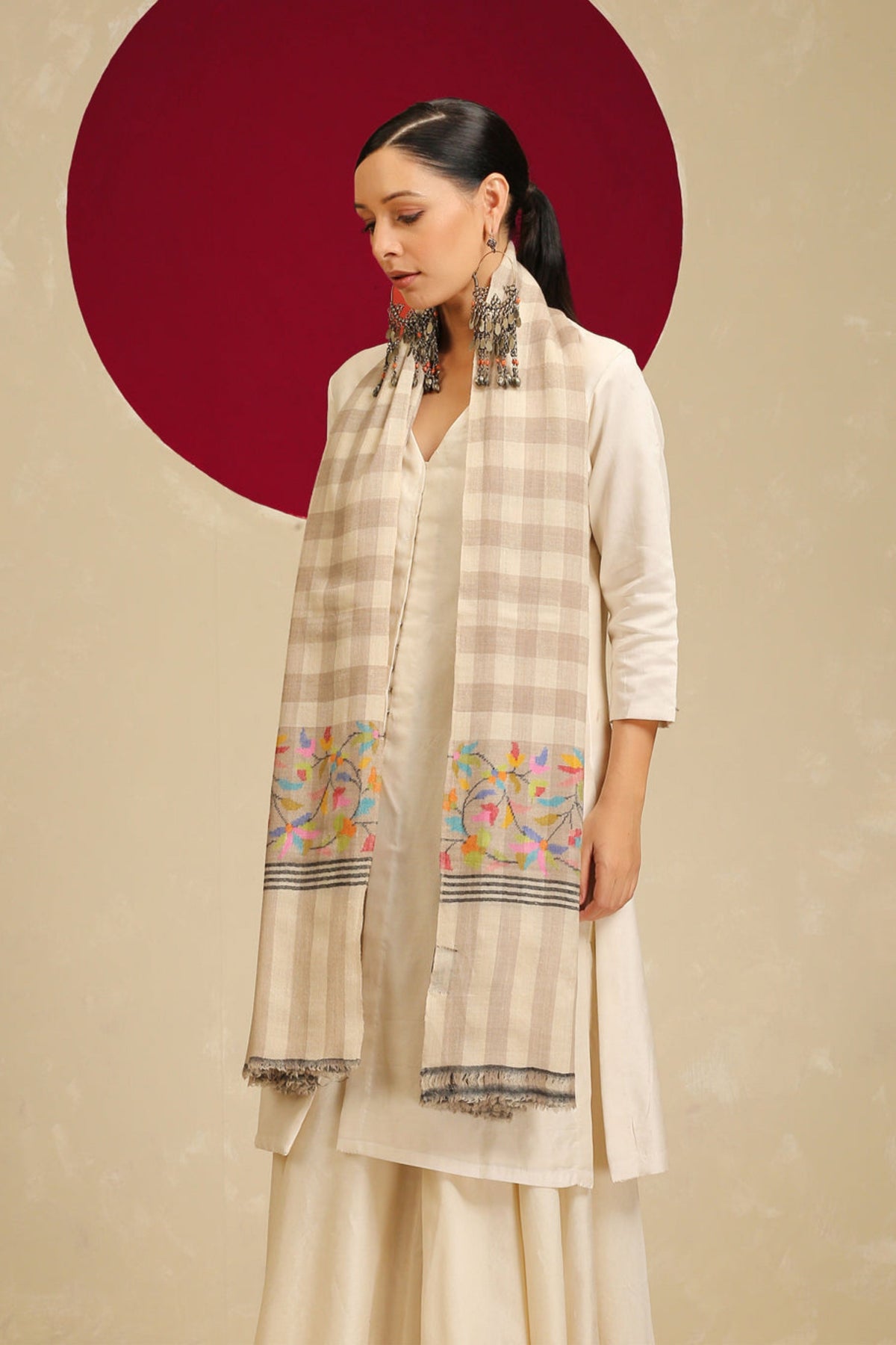 Kani Check Palla Beige Shawl