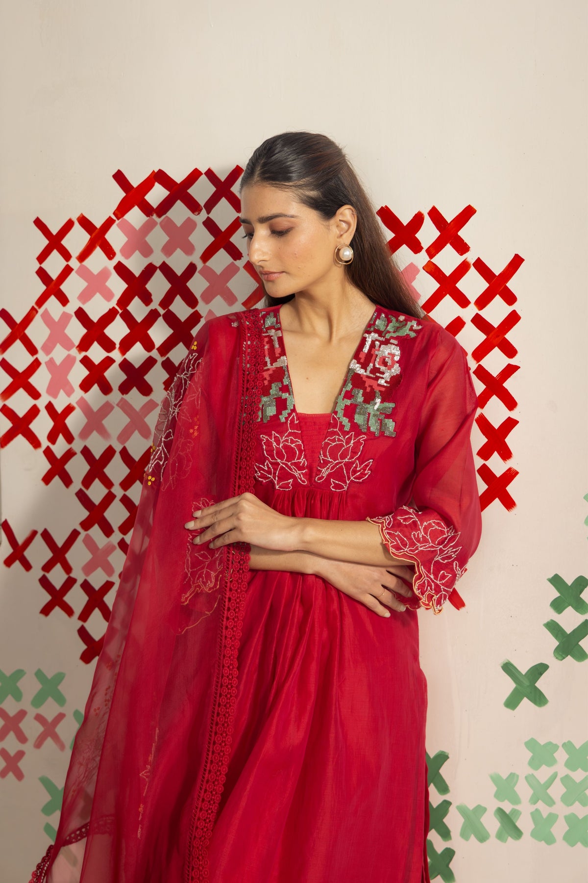 Red Wildflower Kurta Set