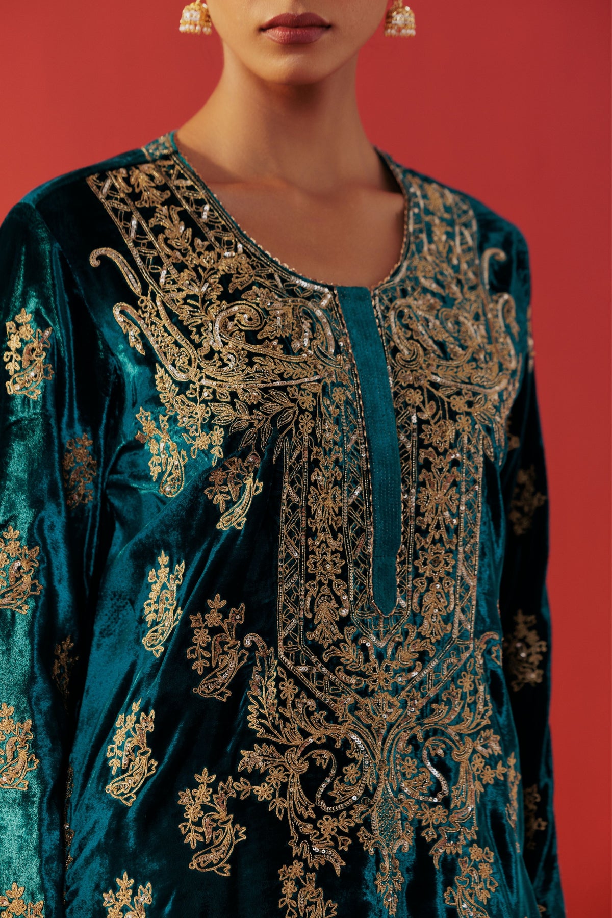 Teal Blue Velvet Kurta Set