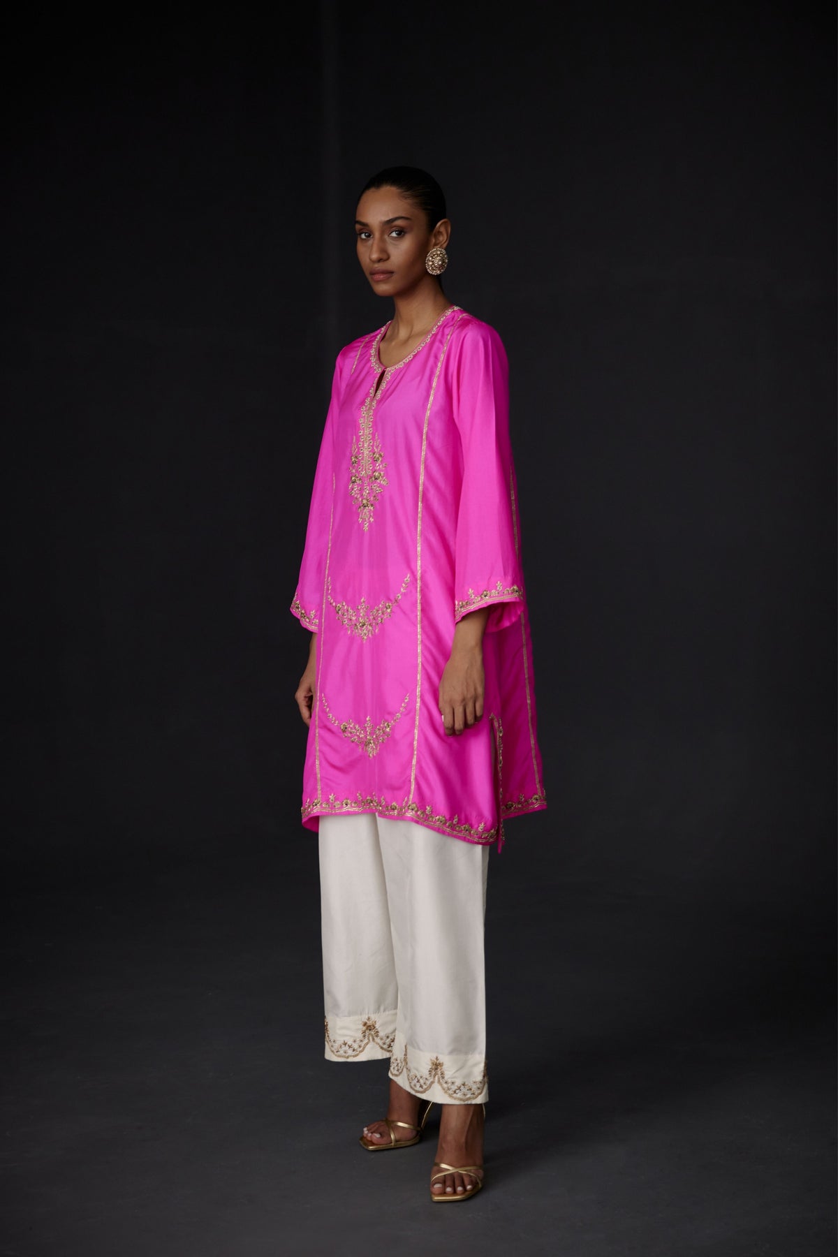 Embroidered Tunic Set in Hot Pink and Ivory