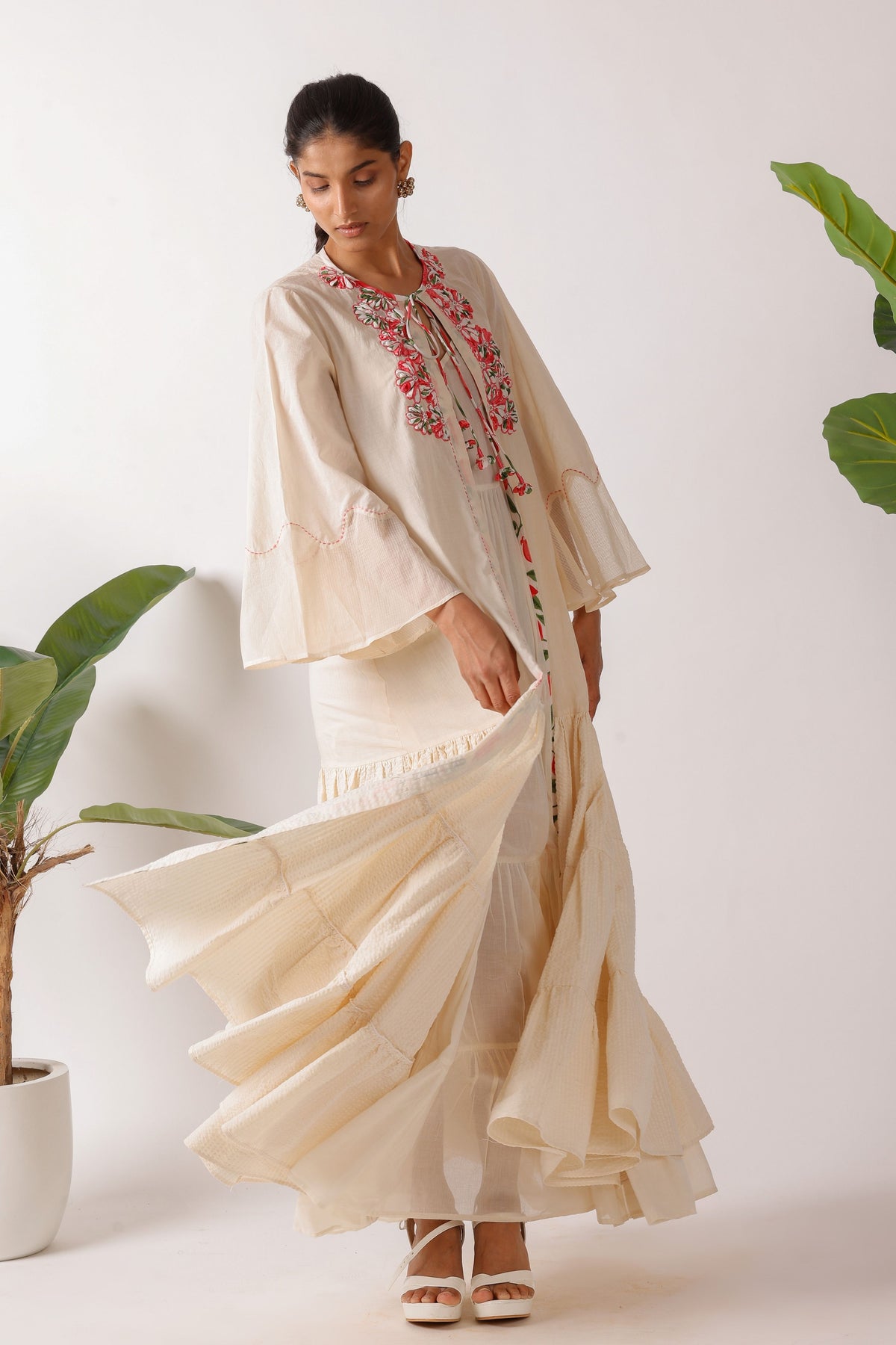 Pomegranate Print Ribbon Embroidery Dress