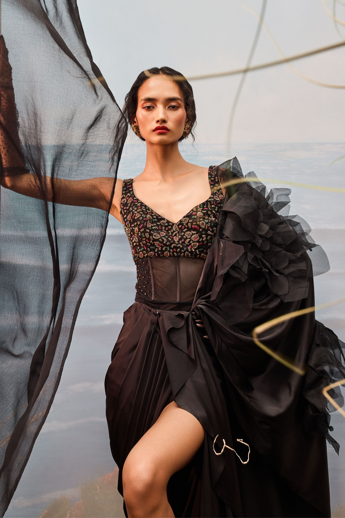 Black Satin Drape Sari Set