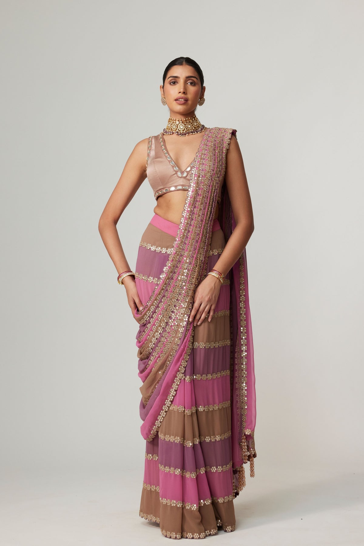 Deep Beige Multicolor Saree Set