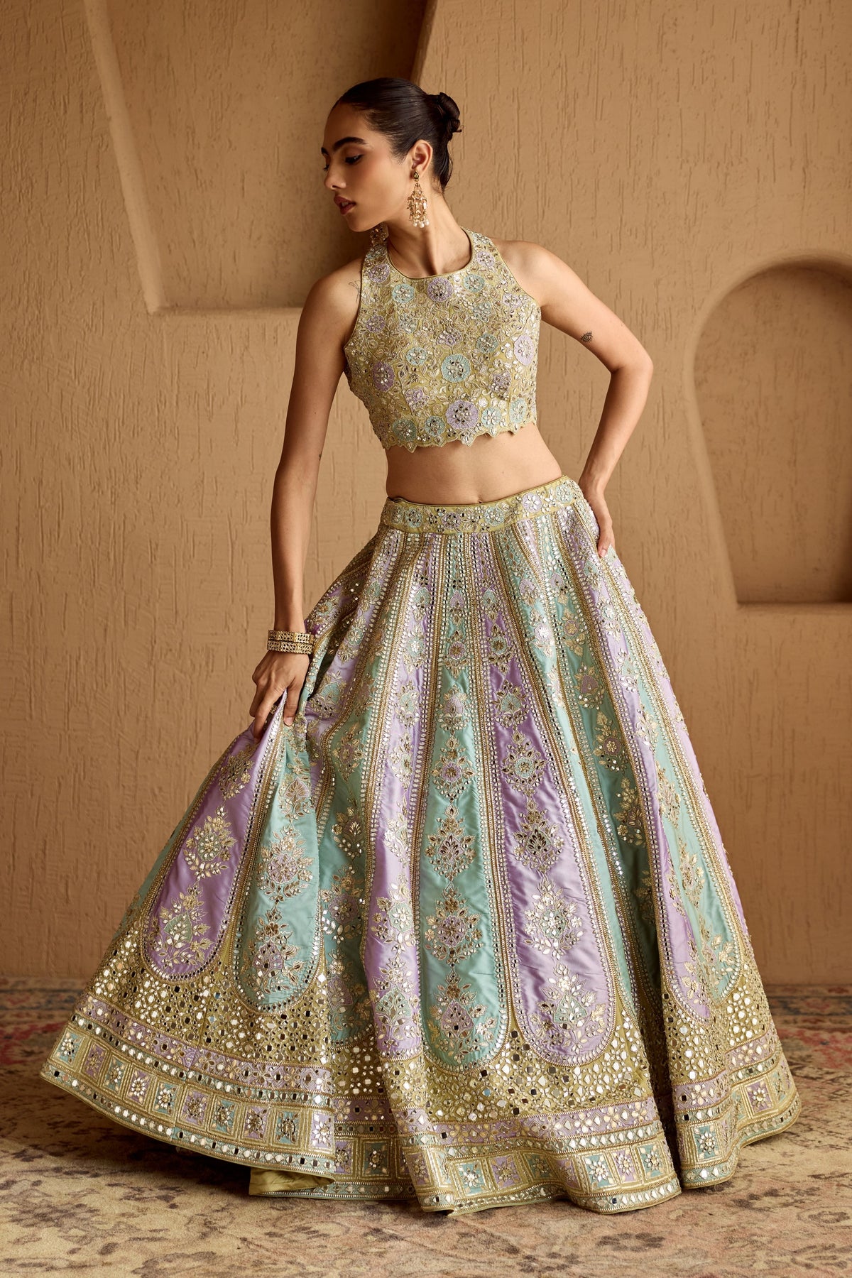 Lime Green Patch Tissue Lehenga Set