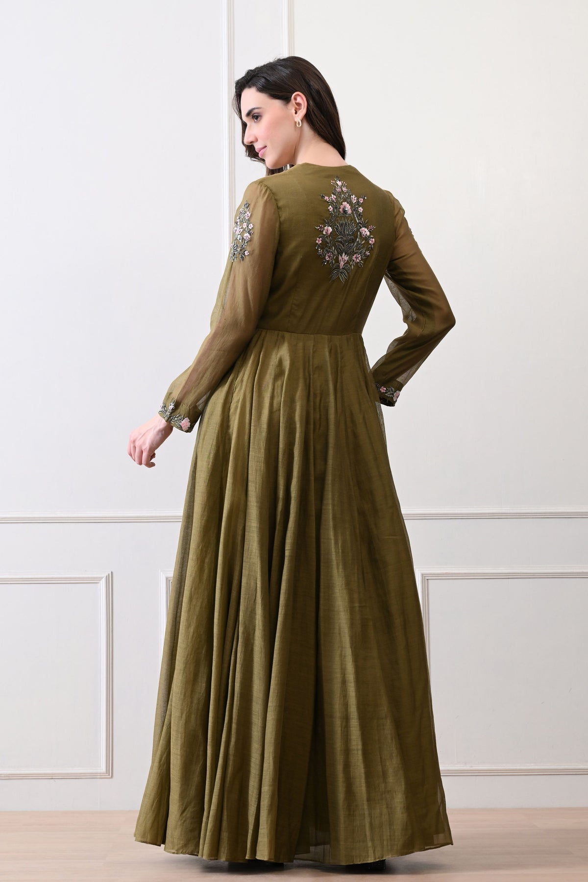Olive Floral Embroidered Anarkali