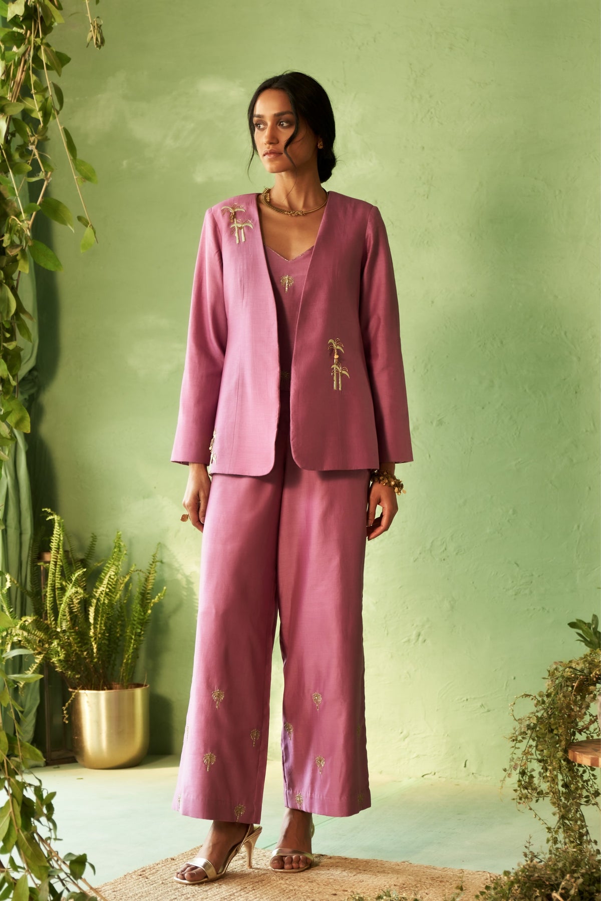 Palm Embroidered Jacket Set