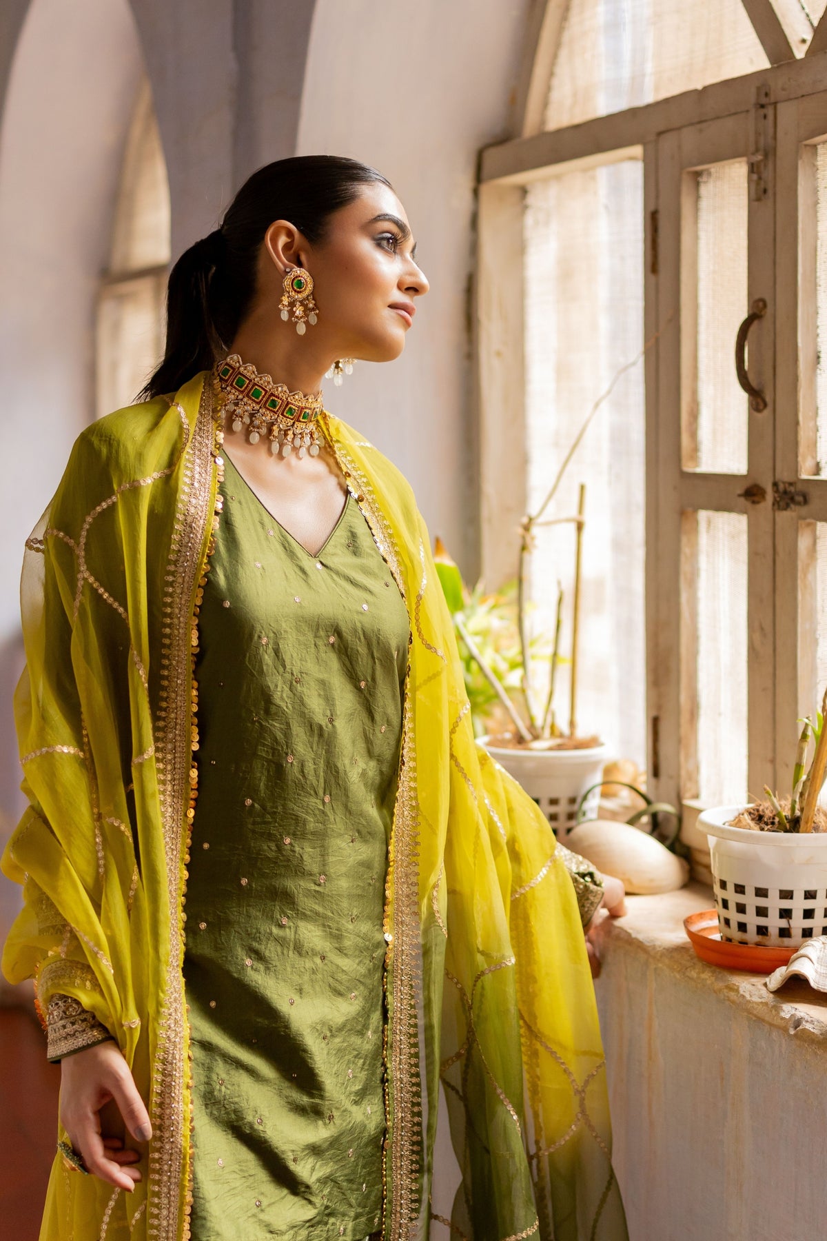Lime olive Jaal Dupatta