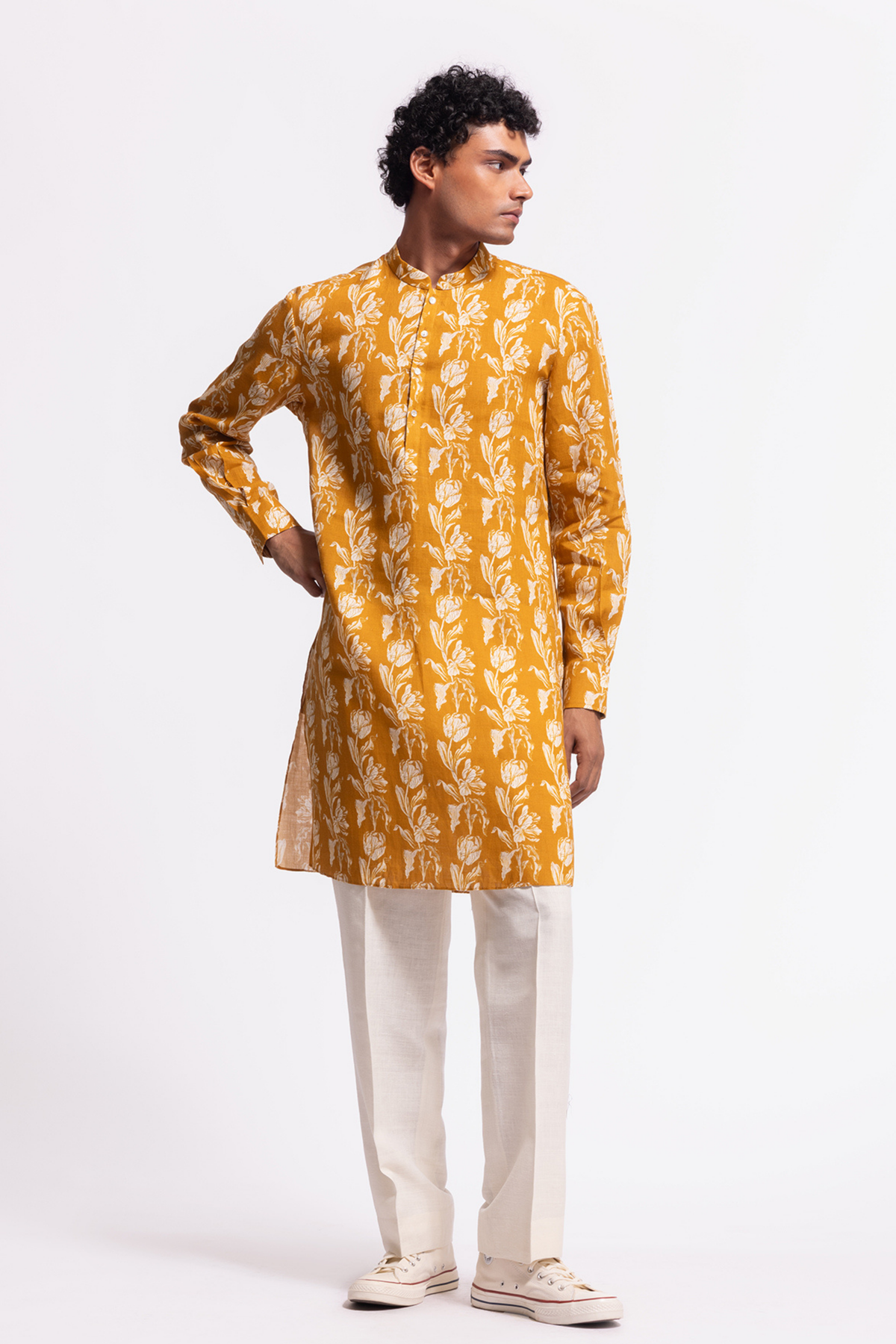 Floral Printed Yellow Short Kurta