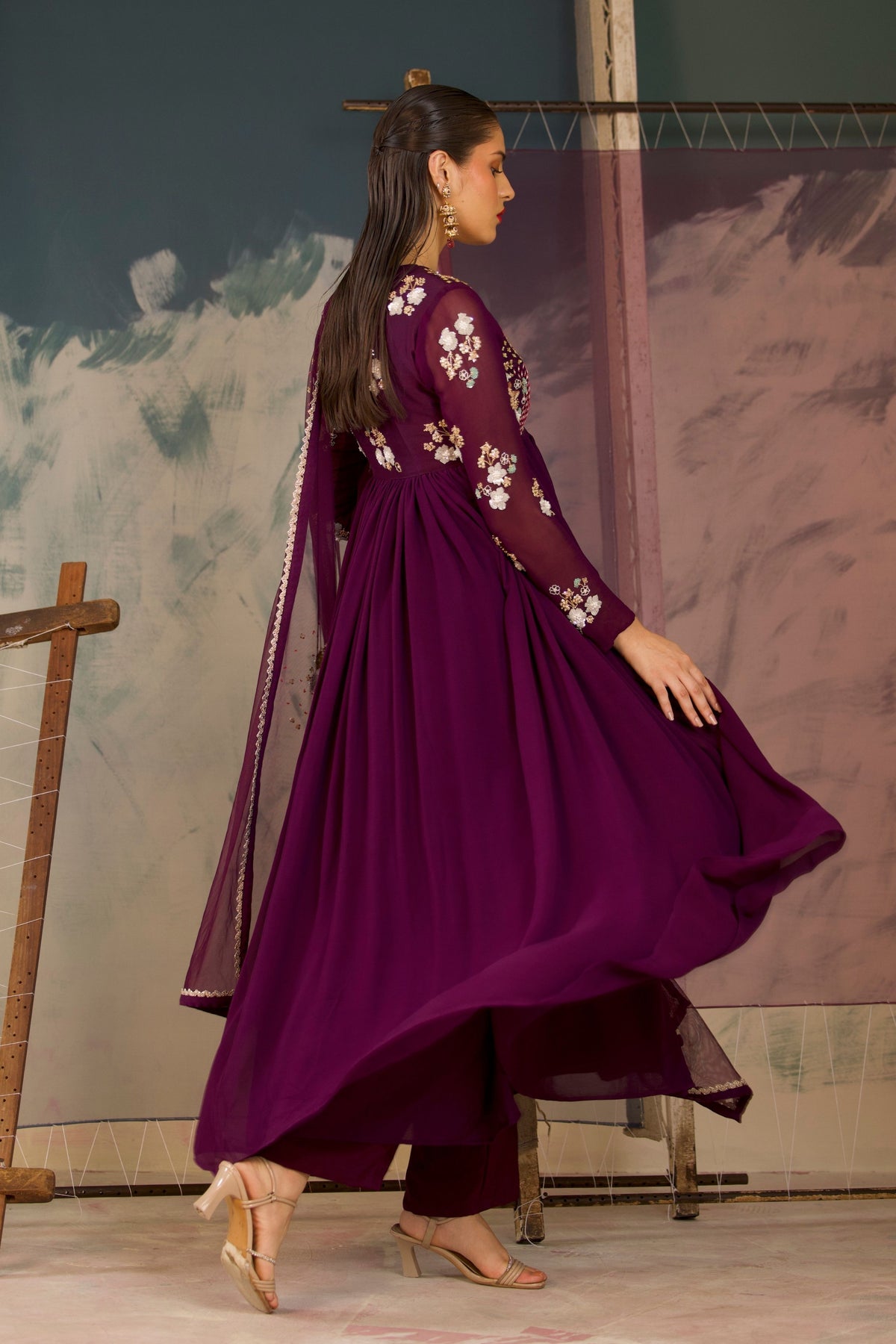 Deep Purple Anarkali Set