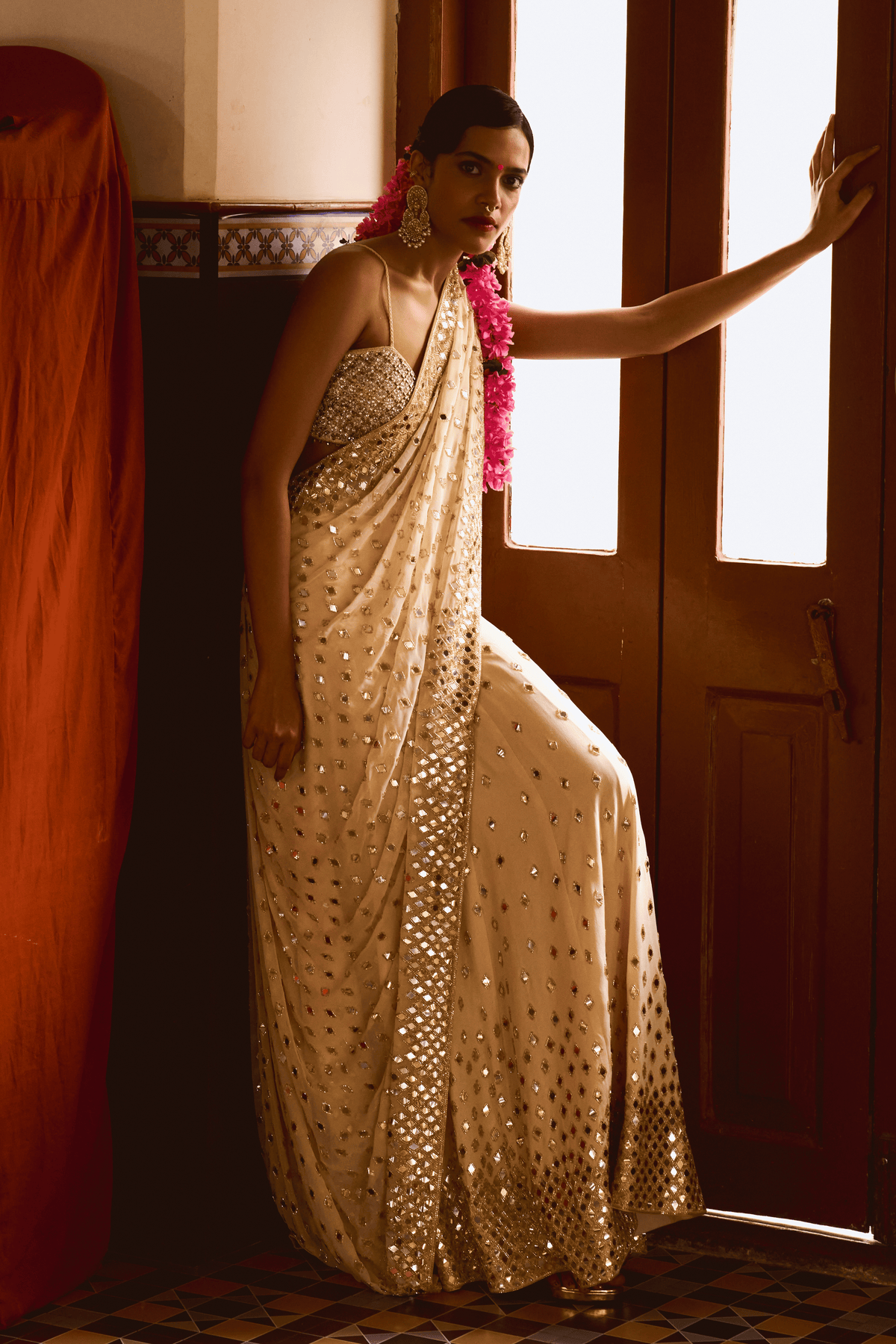 Beige Sequin Lehenga Saree With Blouse