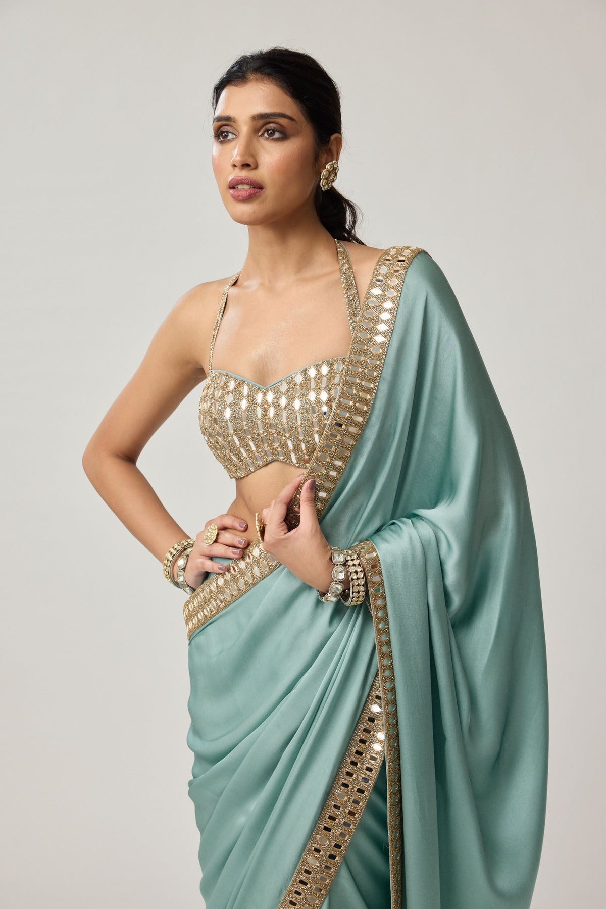 Powder Blue Mirror Saree Set