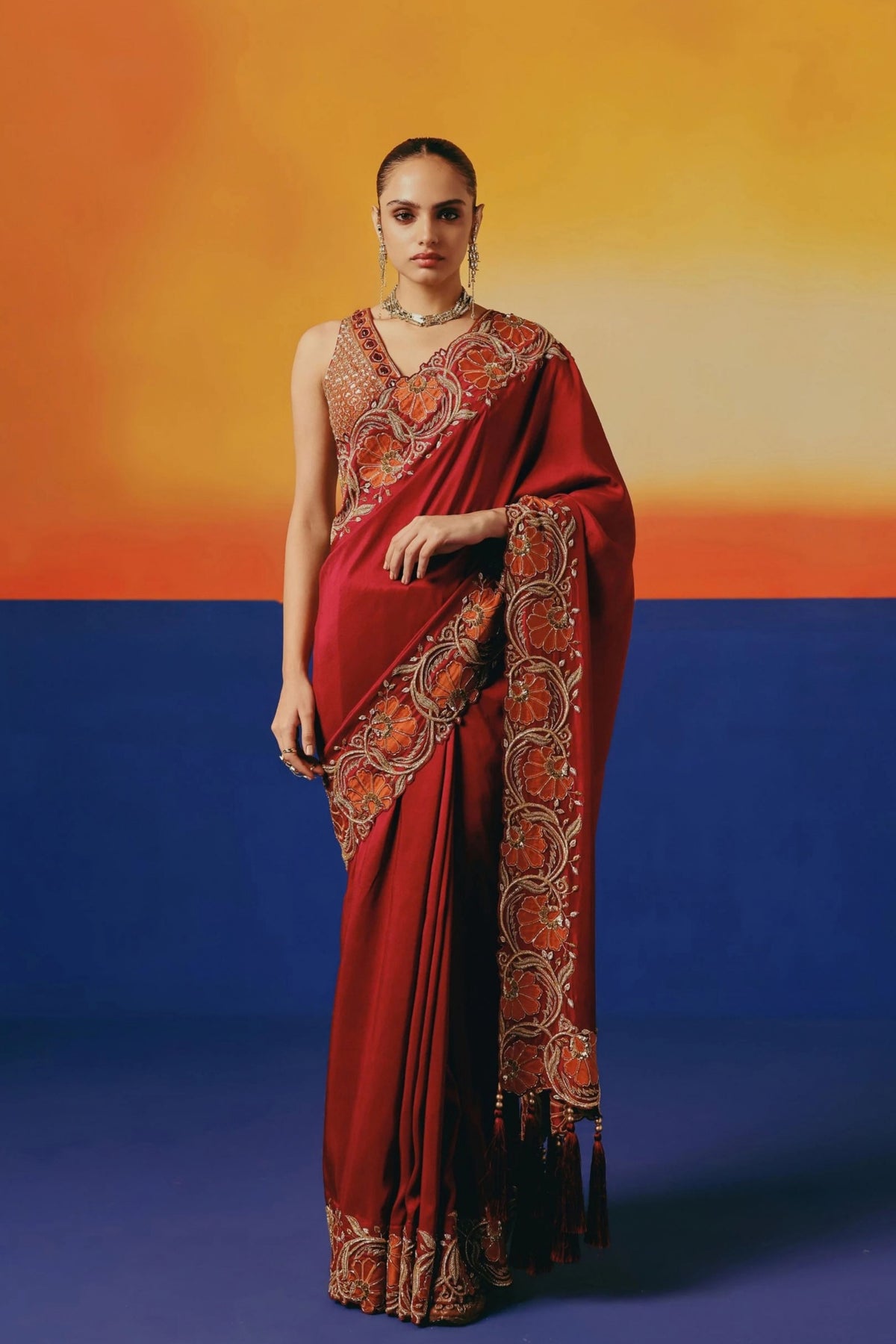 Red Floral Saree Set